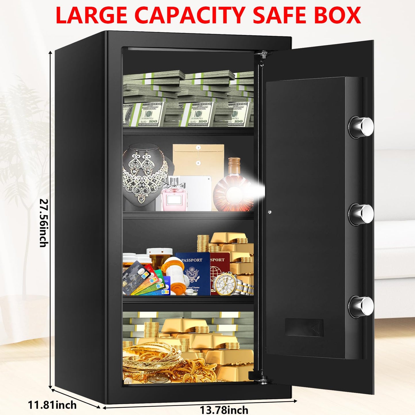 6.2 Cuft Large Home Safes Water and Fireproof with Digital Keypad & Key Lock, Fire Security Safe Box with 3 Removable Shelves, Fireproof Safes for Money Documents Jewelry, 27.56"H x13.78"W x 11.81"D