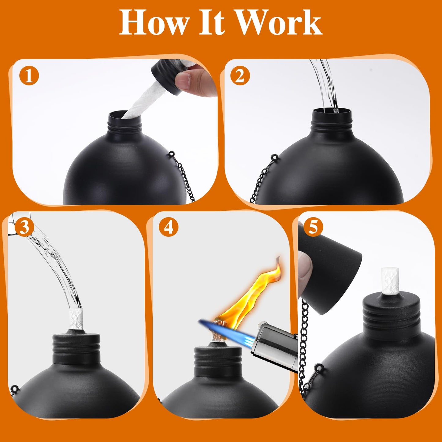 MQKIWAO Citronella Tabletop Torches, 25 oz Metal Oil Burner Candles, Black, 4 Pack, Model ZMZT-4P