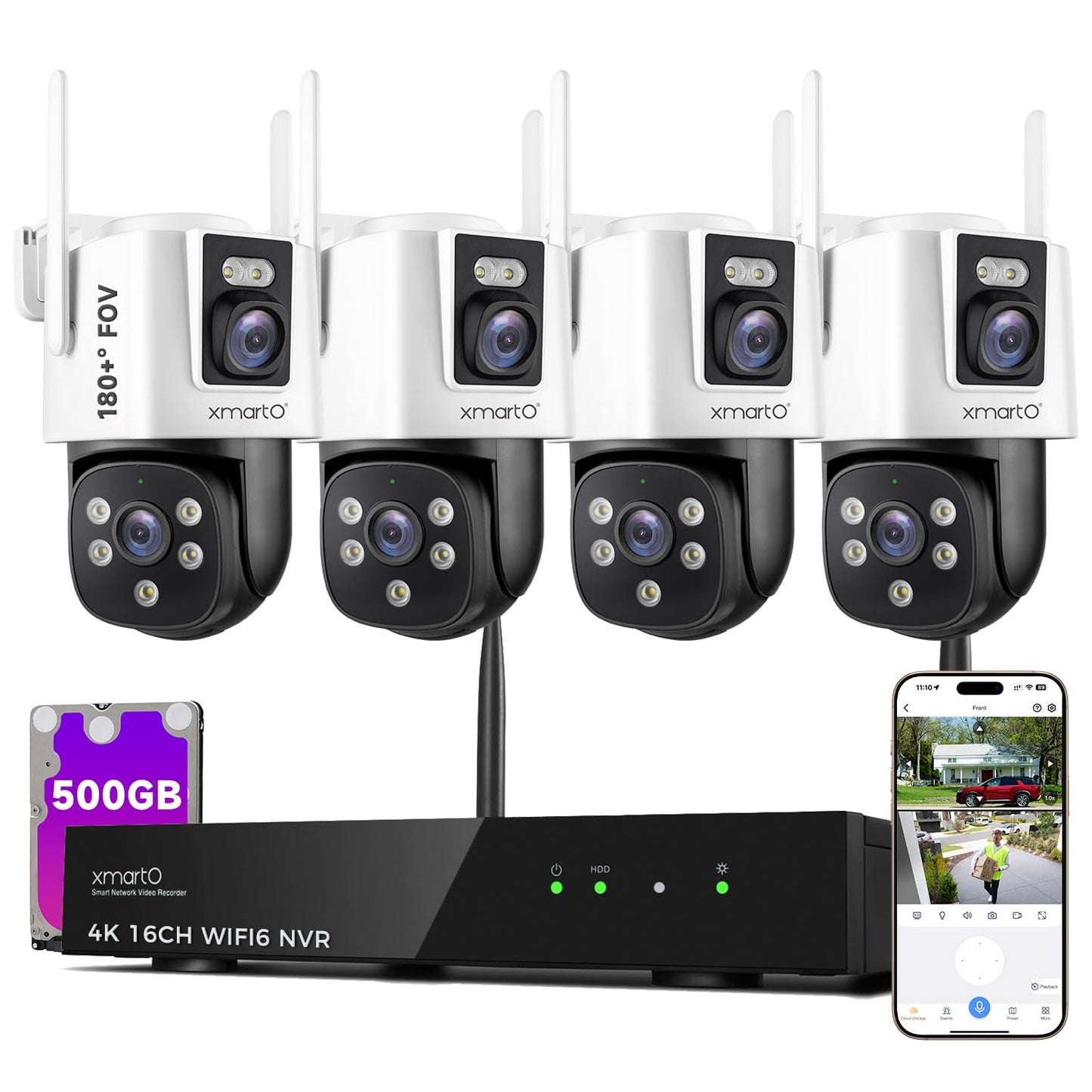 xmartO 4 Dual-Lens Wireless Camera Kit, 8-View WiFi6 Mesh Long Range Security System, 16CH 4K Dual Band NVR, 4MP 180° Static FOV & 360°PTZ AI Tracking, 24/7 Plug-in, 500GB HDD, No Monthly Fee