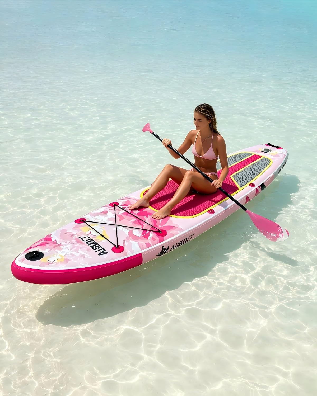 AISUNSS 10.6’ Inflatable Stand Up Paddle Board, 33’’ Wide Stance Paddle Boards with Premium Paddleboard Accessories, Double Action Pump, Removable Fin for Youth & Adults (Flowers Pink)