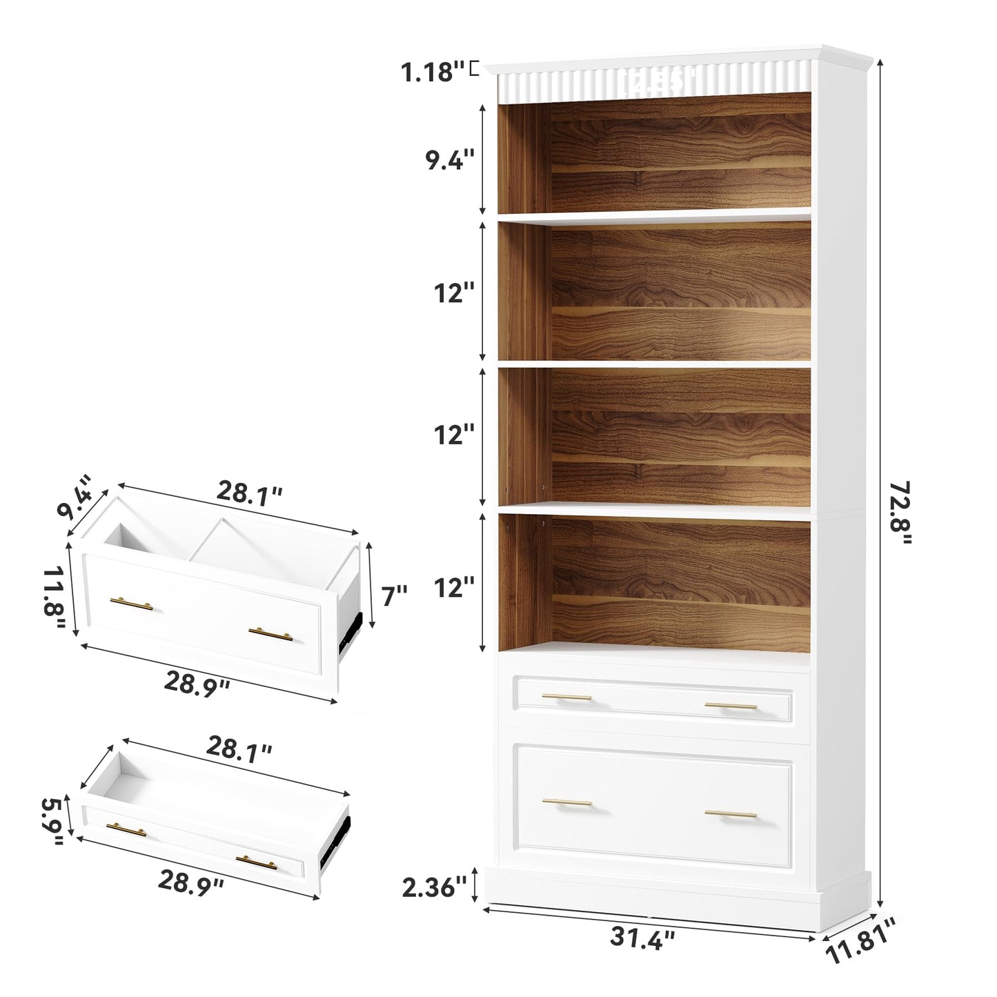 LITTLE TREE 72" Tall White Bookcase, 5-Tier Office Bookself with File Cabinet Drawers,Modern Floor Standing Storage Filing Cabinet Book Shelf for Living Room,Bedroom(2 Piece,White)