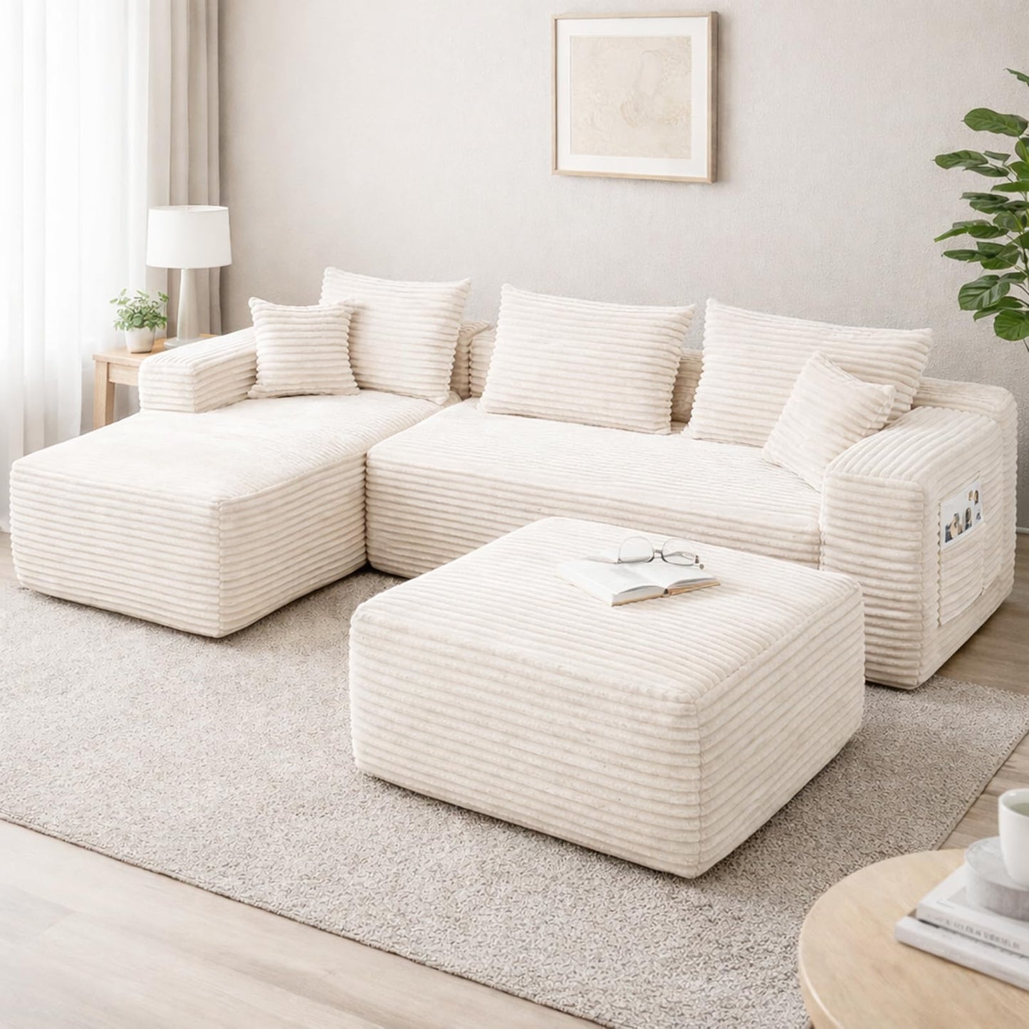 EVLIQUIL Modular Sectional Sofa Couch 103.5” & 37.0” Beige, L-Shaped Sectional Couches for Living Room with Ottoman, High Resilience Sponge & Spring Support Sofa Set (L Shaped Sofa+Ottoman)