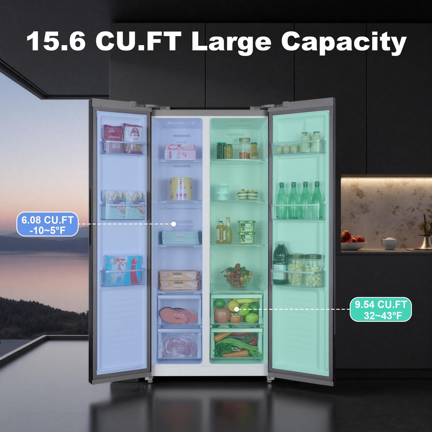 Iceblue 15.6 Cu.Ft. Side-by-side Refrigerators, 33" Full Size Refrigerator, Zoning Temperature Control Beverage Refrigerator with Freezer, Frost Free Beverage Fridge - Black Stainless Steel