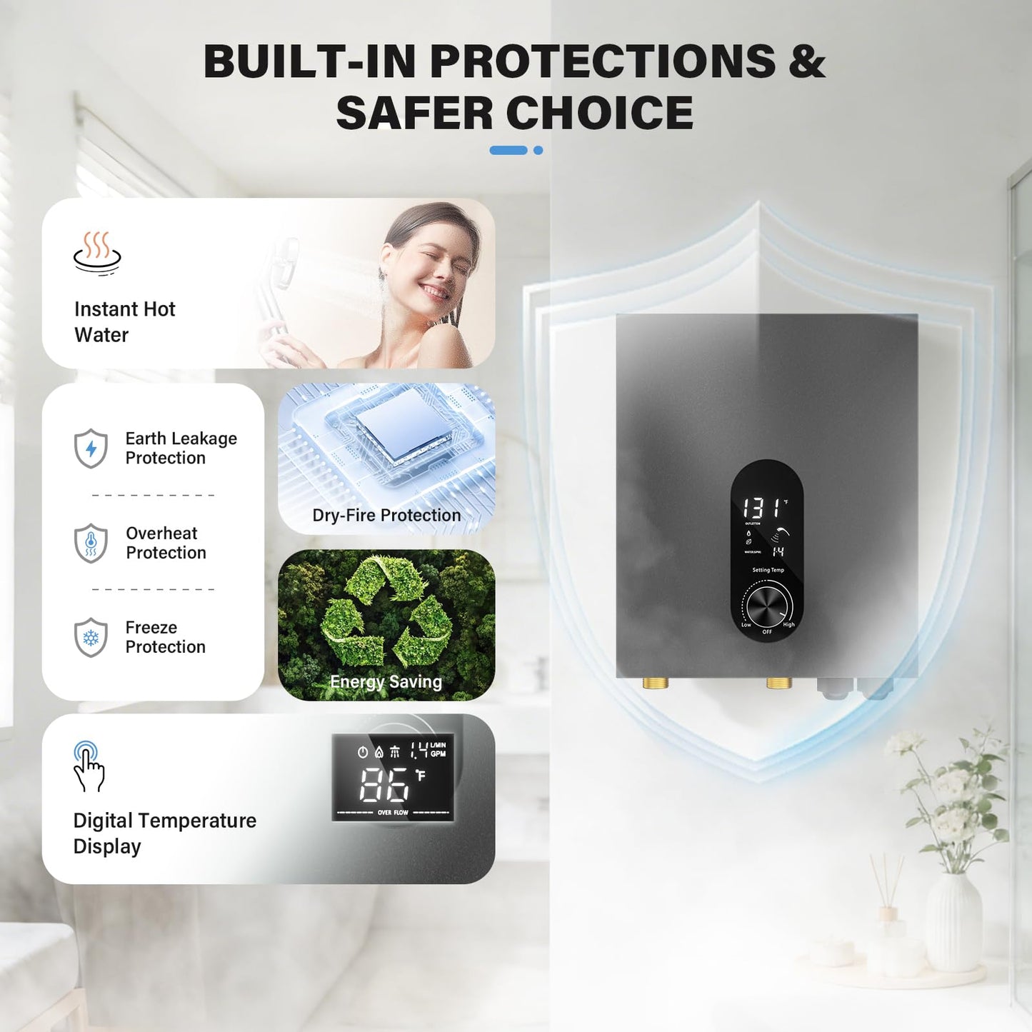 Tankless Water Heater Electric 18KW Instant Hot Water Heater Under Sink, Point of Use Water Heaters with Digital Display for Kitchen Bathroom