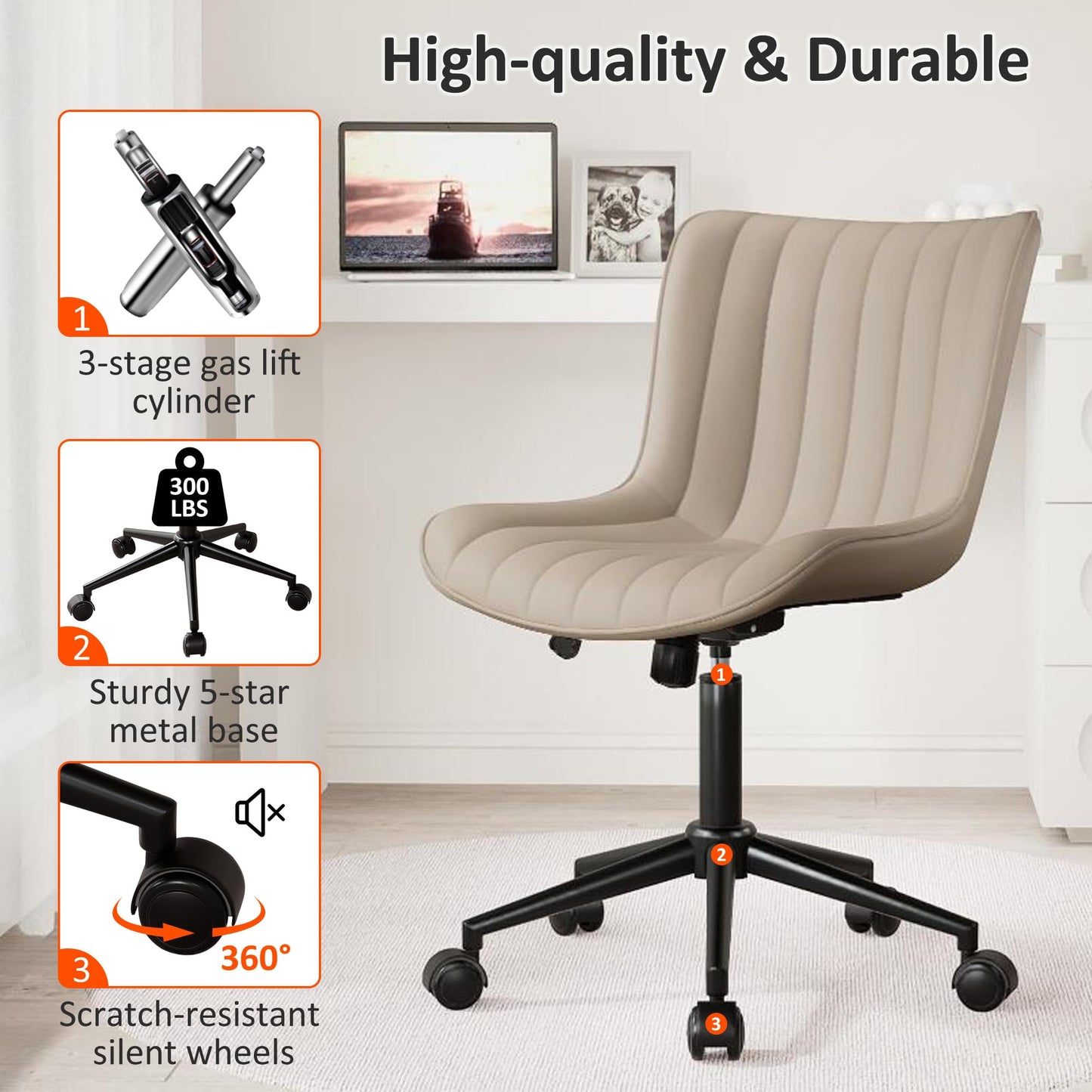 Kidol & Shellder Khaki Leather Home Office Desk Chair with Wheels Modern Cute Armless Executive Swivel Vanity Chair with Comfy Padded Back Ergonomic Rolling Adjustable Computer Task Chair Small