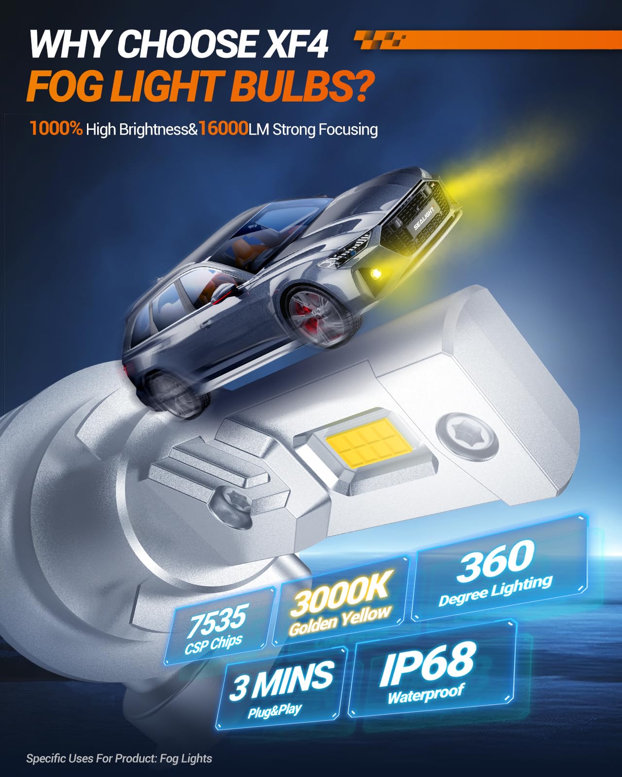 SEALIGHT H11/H16/H8 LED Fog Light Bulbs, 16000LM Brightness, 3000K Amber Light, Yellow, Pack of 2