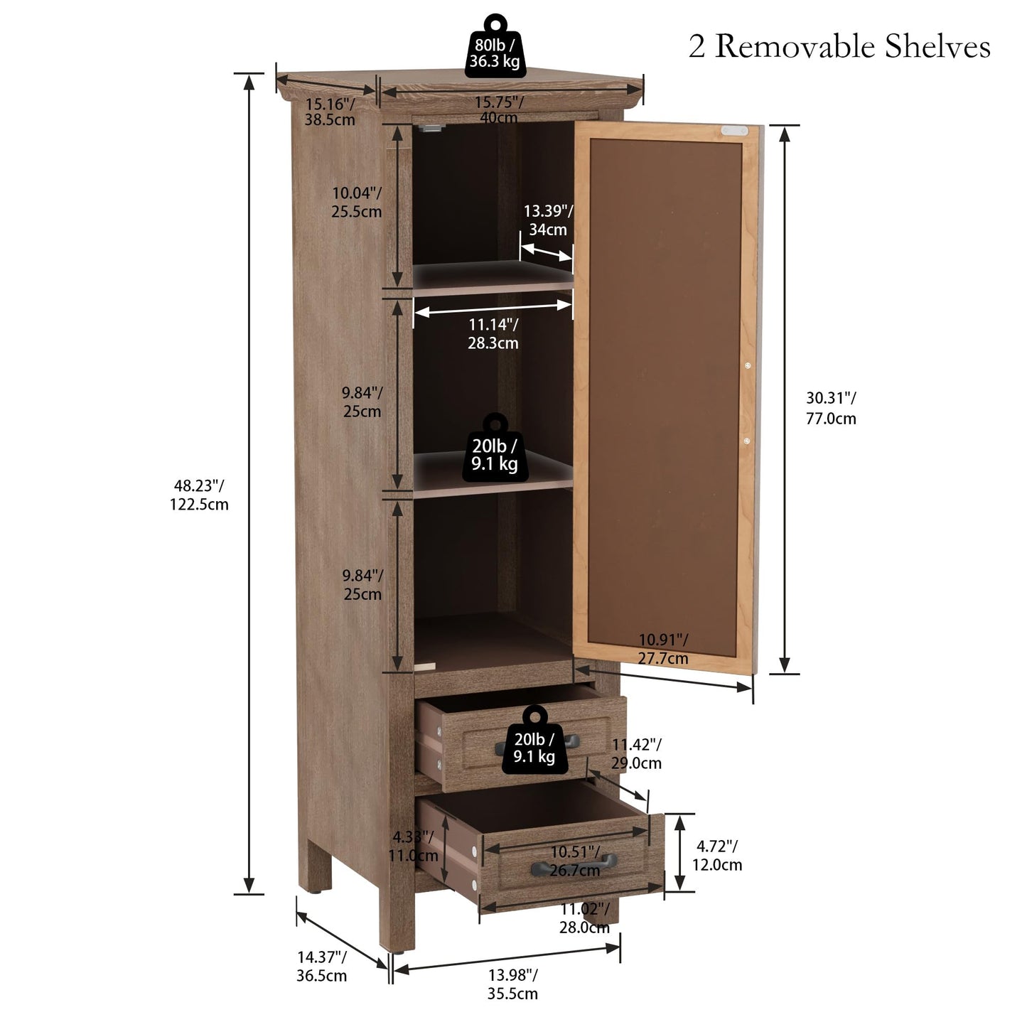 COSIEST 48" Narrow Farmhouse Accent Cabinet, Rustic Wood Storage Tower with 1 Door, 2 Drawers & Adjustable Shelves, Embossed Metal Panel Chest for Small Spaces, Hallway, Kitchen