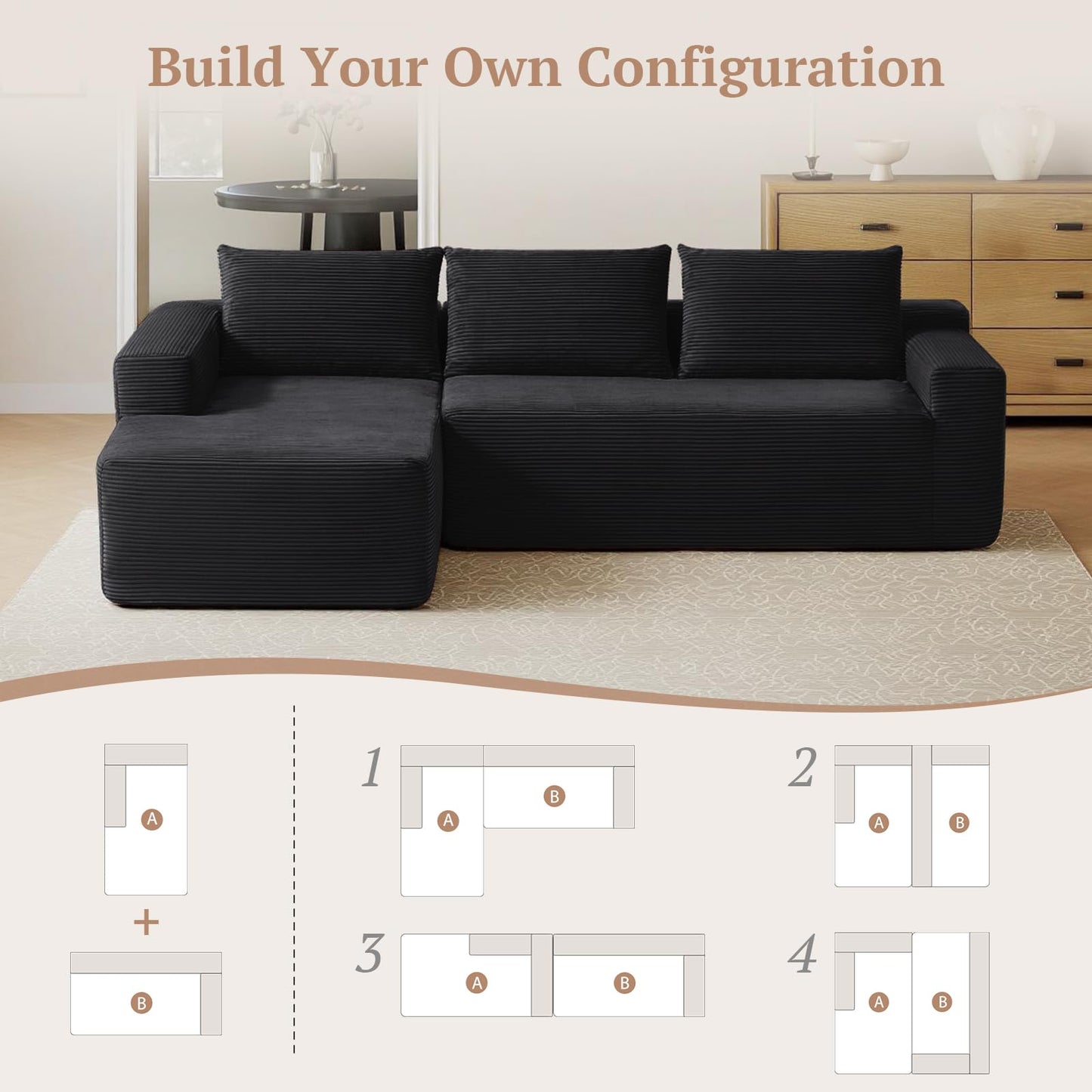 Yafylly 96.9 Inch Boneless L-Shaped Sectional Sofa, No Assembly Compressed Modular Couch with Memory Foam Deep Seat, Throw Pillow & Side Pockets for Living Room, Bedroom, Apartment, Black Left