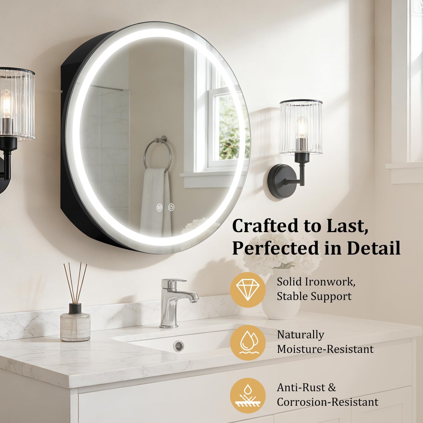 WallBeyond 24 in Round LED Medicine Cabinet with Mirror, Black Bathroom Cabinet with Storage, 3 Color Stepless Dimmable Lights, Anti-Fog, Memory Function, Hardwired, Surface Mount