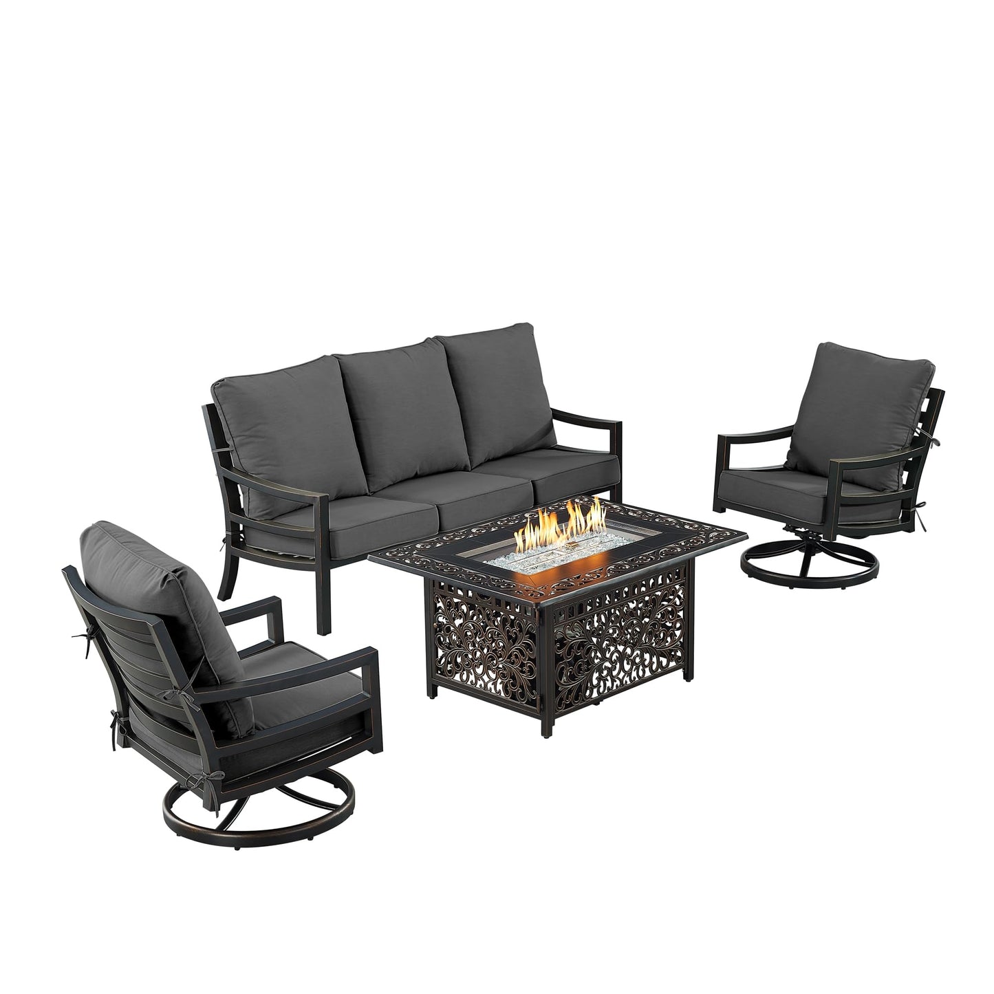 Oakland Living Black Aluminum Patio Fire Table Set with Deep Seating Sofa with Cushions and Two Club Chairs with Black Cushions
