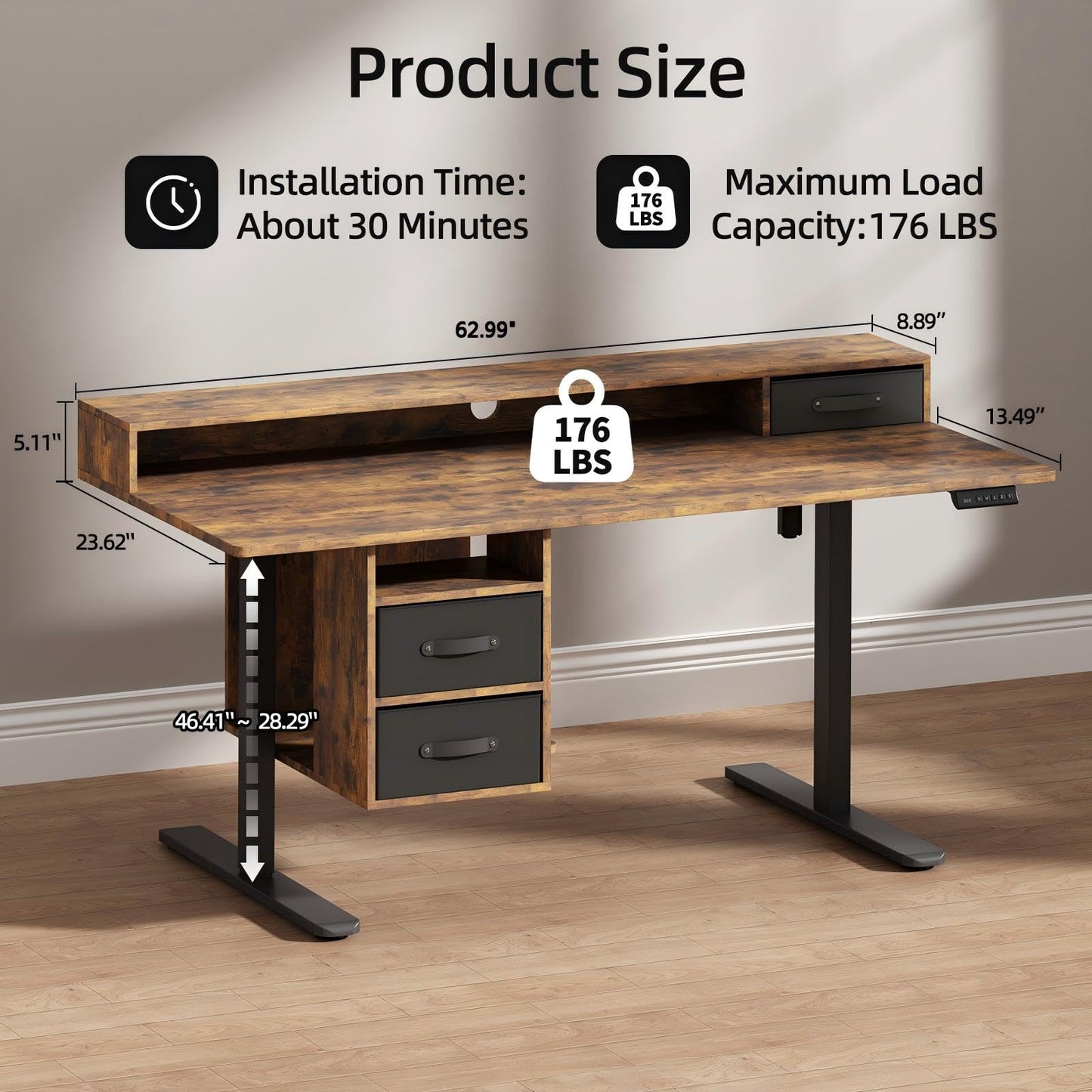 63x24 Inches Standing Desk with Drawers, Electric Computer Desk with Open Storage Shelf, Stand Up Desk, Adjustable Height 28-46 Inches for Home and Computer Workstation, Rustic Brown