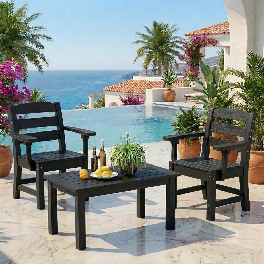 YITAHOME Wood-Grain Textured Resin Patio Dining Chairs, 330 LBS Capacity All-Weather Outdoor Chairs, Sturdy Wide Seat for Backyard, Garden, Terrace & Poolside, Black, 2 PCS
