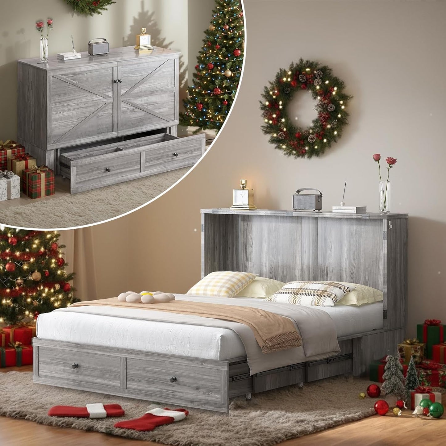 Mjkone Full Size Murphy Bed Cabinet with 5” Tri-Folding Foam Mattress, Foldable Convertible Chest Cabinet Wall Bed with Drawers & USB Charging Station for Small Spaces, Guest Room, Studio, Grey