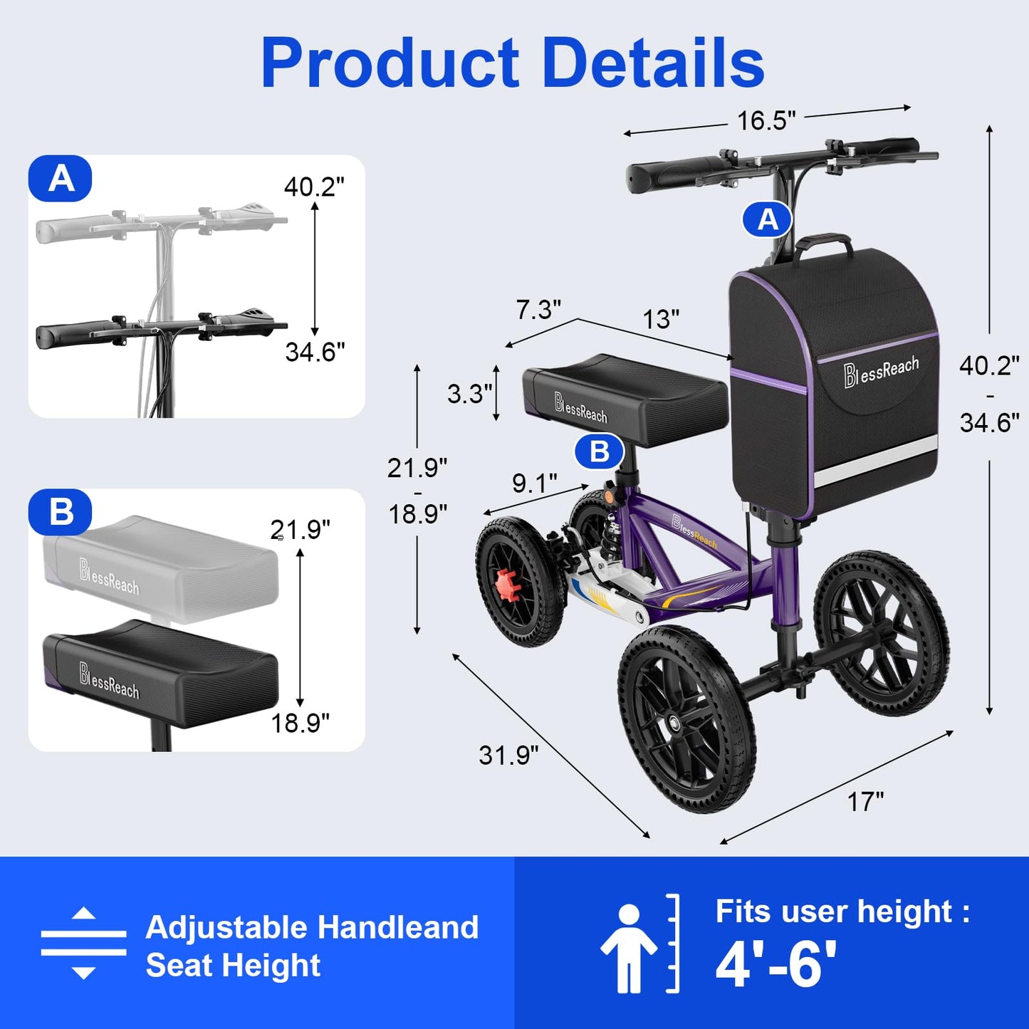BlessReach All Terrain Foldable Knee Scooter Walker, Disc Brake Knee Walker for Foot Injuries, Compact Crutches Alternative (Purple)