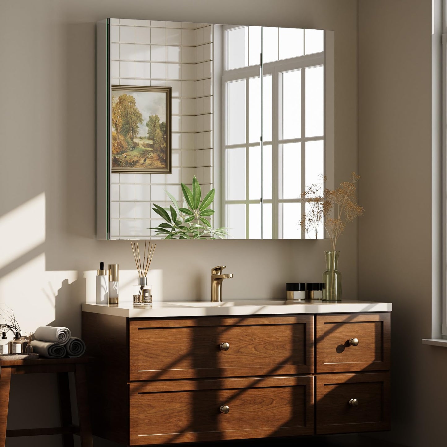 VETROVUE Bathroom Medicine Cabinet with Mirror, 30 Inch x 26 Inch Bathroom Mirror Cabinet with Double Door & Adjustable Shelves, Surface Mount or Recess Installation