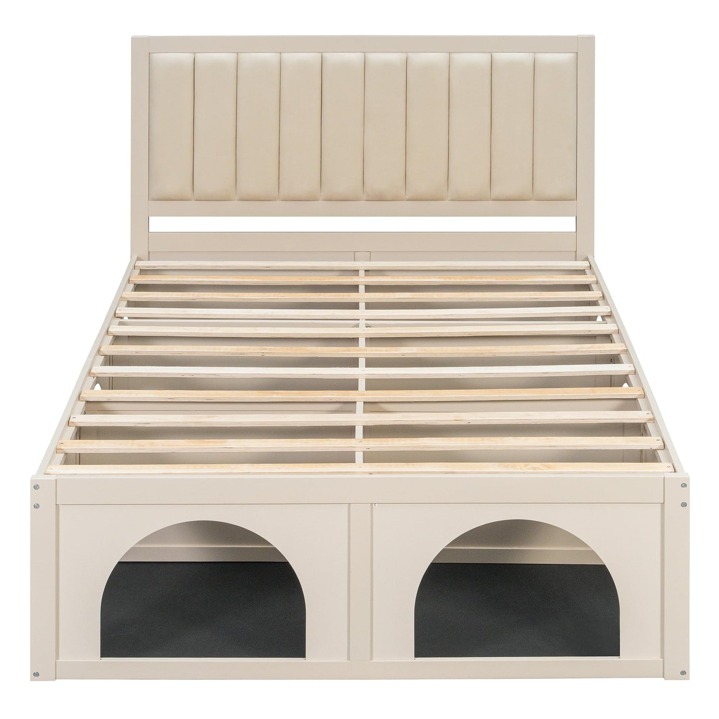 Christopher Knight Home Queen Size Pet-Friendly Platform Bed Frame with Upholstered Headboard, Elevated Bed with Under-Bed Pet Nook and Storage Space, Wood Slat Support, No Box Spring Needed, Beige