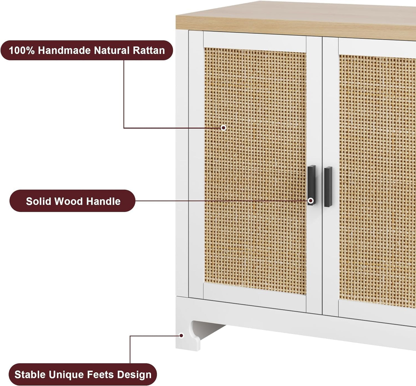 GarveeHome 60 in Farmhouse Rattan Buffet Cabinet - 4-Door Woven Storage Sideboard with Adjustable Shelves, Kitchen Console Table for Dining Room & Living Room Entryway (White & Brown)