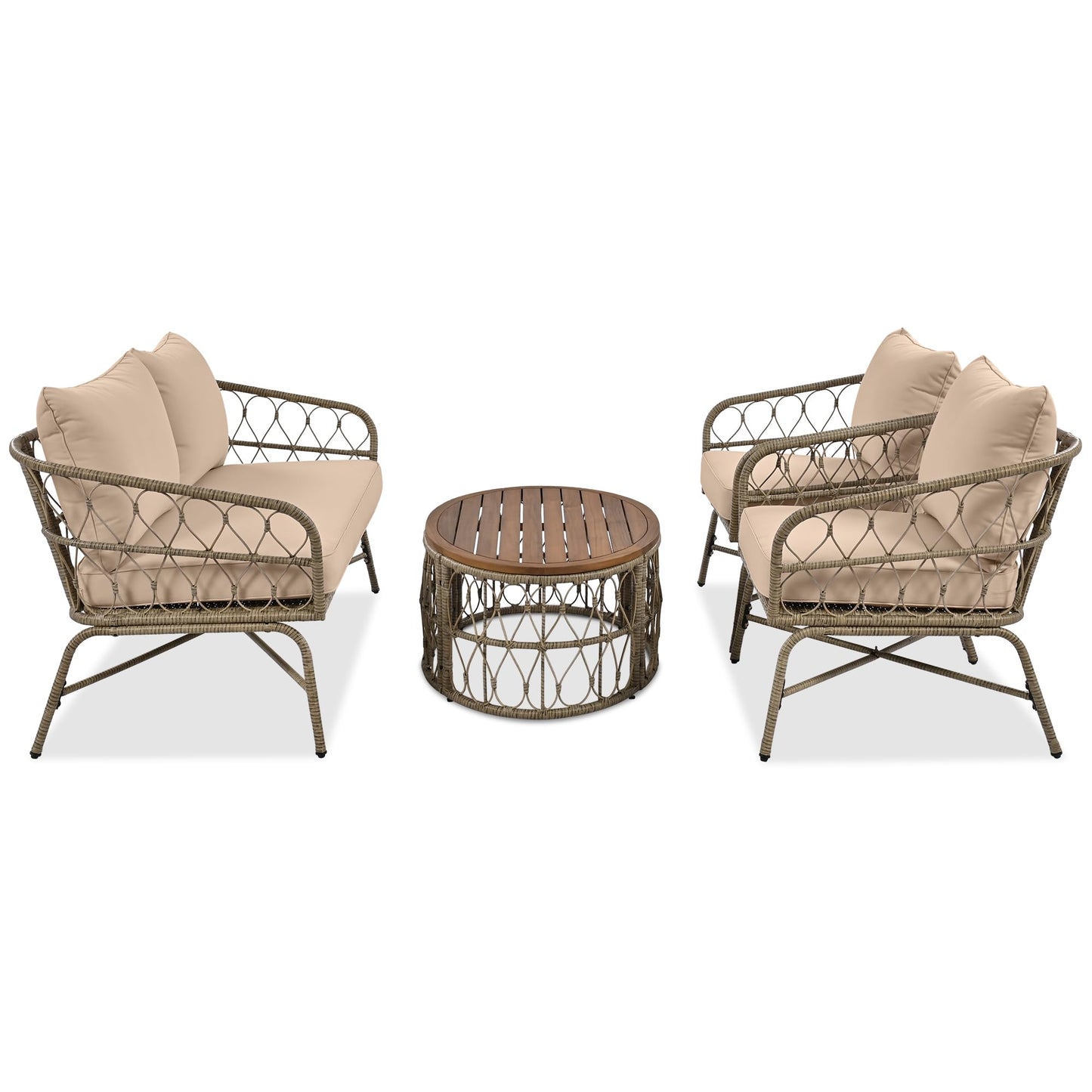 Merax 4-Piece Bohemian Patio Furniture Set, Outdoor Wicker Conversation Set with Single & Loveseat Chairs, Removable Cushions, Wood Tabletop Coffee Table for Garden, Backyard, Balcony, Porch, Poolside