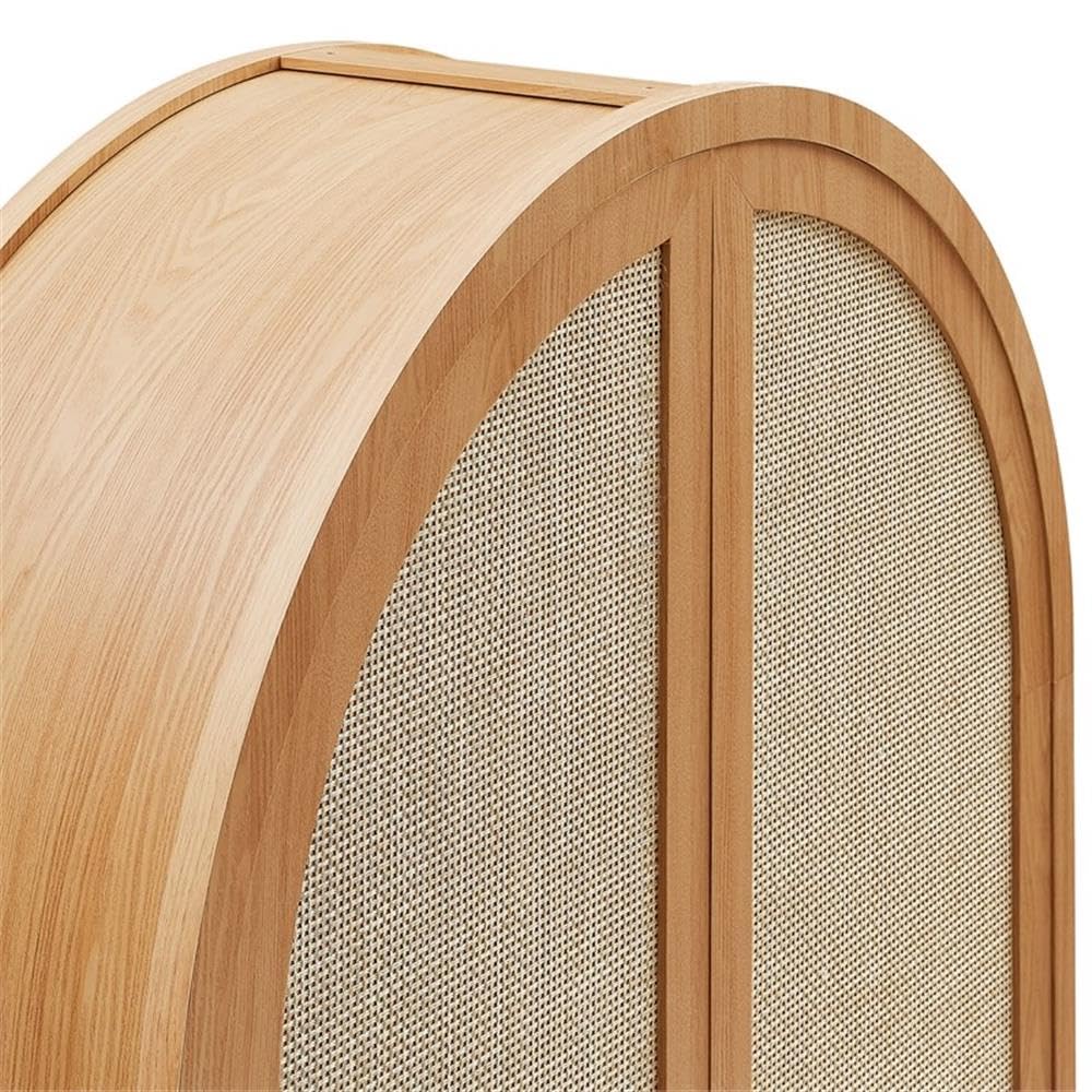 MAKLAINE 79" Tall Wide Arched Storage Cabinet, Synthetic Rattan Doors, Natural Wood Grain Finish, 2 Adjustable Shelves, Soft-Close Hinges, Durable Linen Cabinet for Office, Hallway, or Living Room