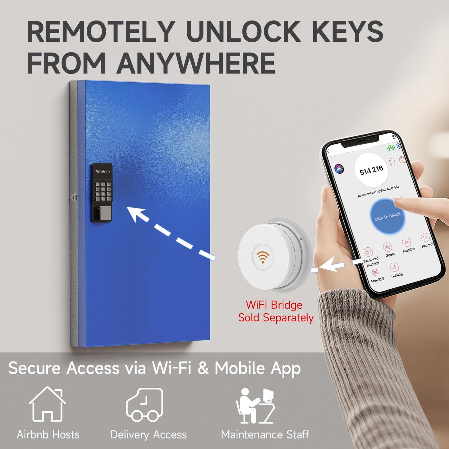 WeHere 96-Key Smart Key Lock Box, Wall-Mount Key Cabinet with Key Management App(Track Key Borrow/Return), Keypad, Bluetooth & WiFi Unlock (Sold Separately) for Commercial, School, Rental, Office