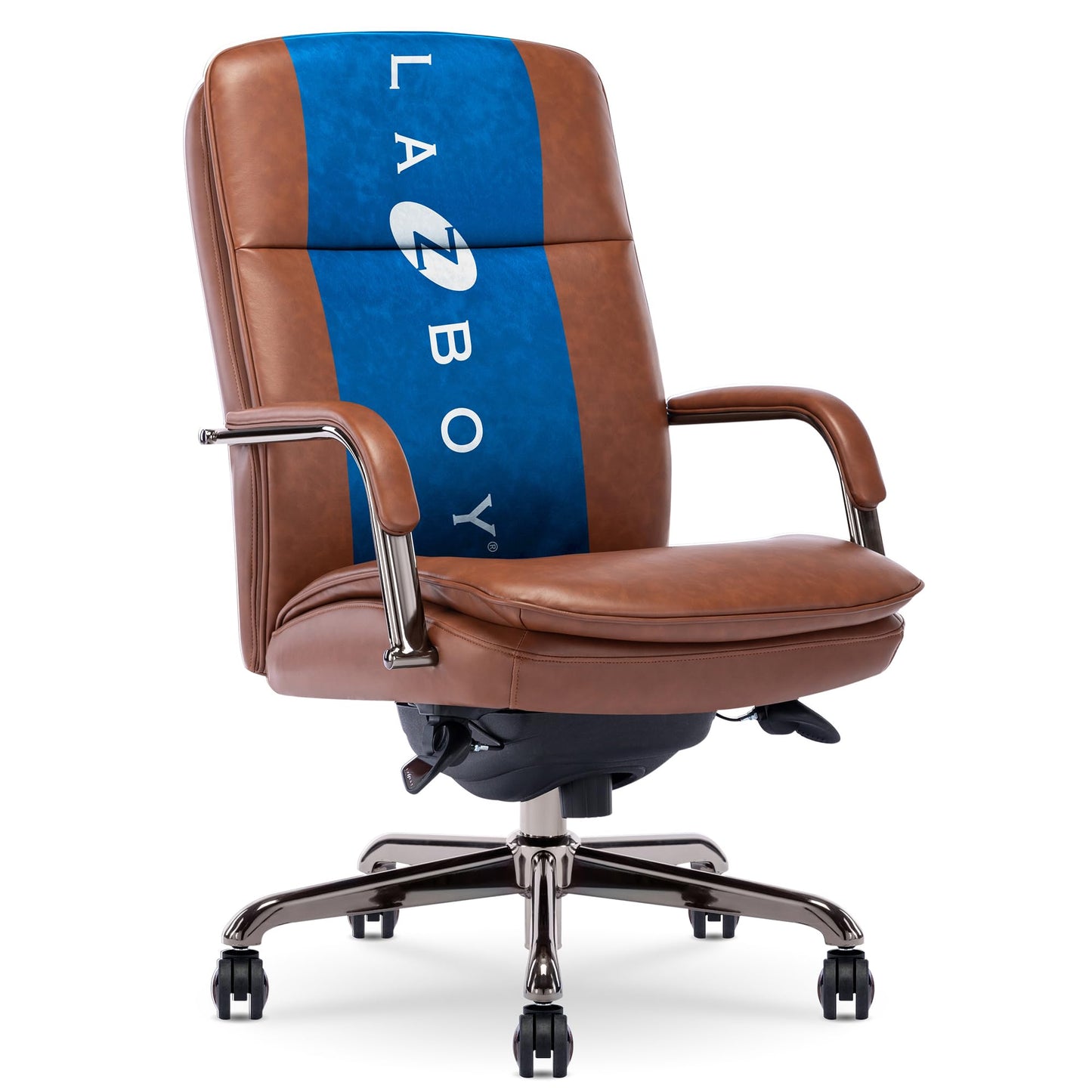 La-Z-Boy Opus Executive Mid-Back Office Chair, Channel-Tufted Seat and Back, Double-Layer Cushion, Padded Arms, Ergonomic Computer Desk Chair, Swivel Metal Base, Bonded Leather, Cognac and Graphite