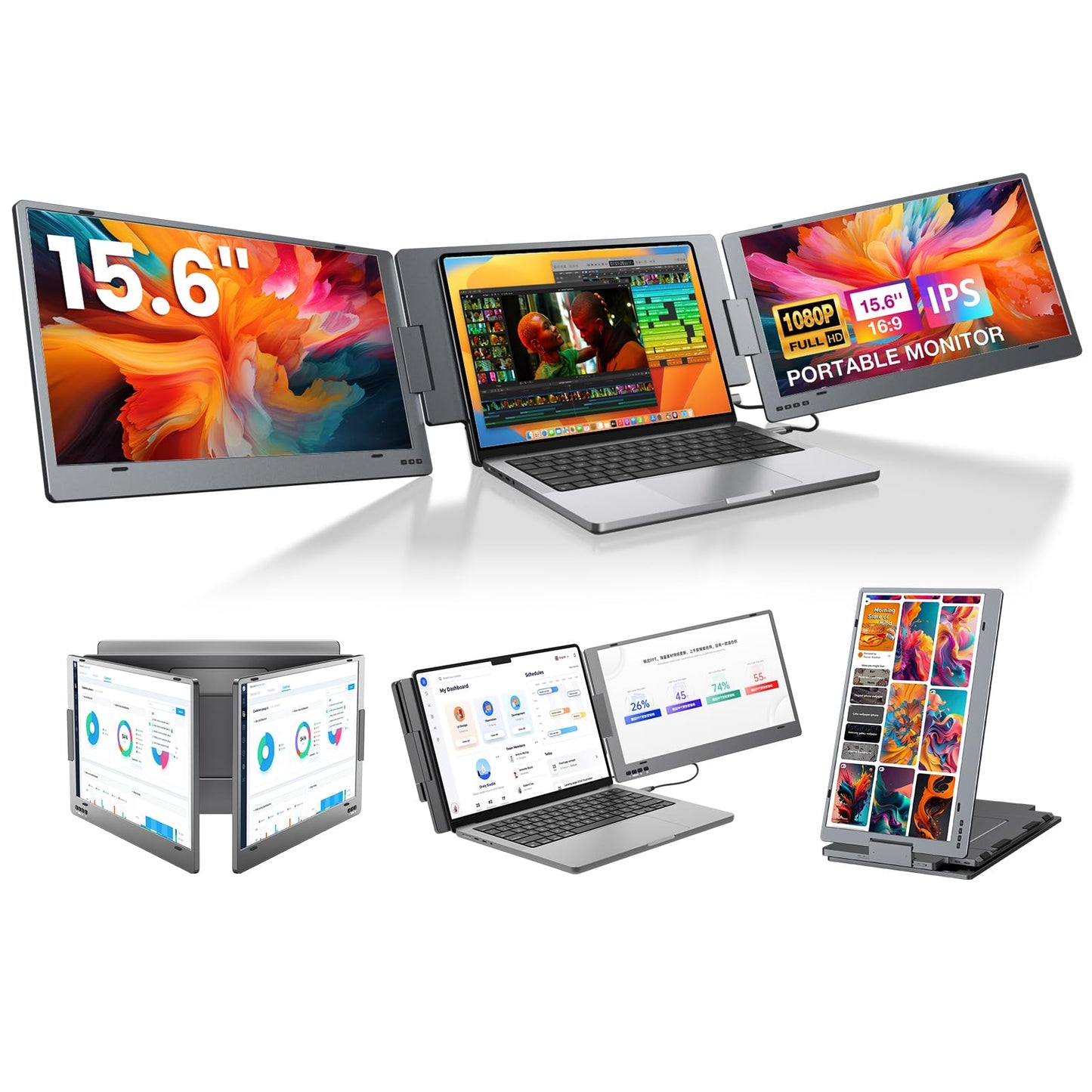 KYY Triple Laptop Screen Extender, 1080P FHD IPS 15.6" Travel Monitor, One Cable USB-C Portable Monitor, Dual Screen for 12"-17'' Laptops, Full Alloy, 360° Rotation & Kickstand, X90D (Driver Need)
