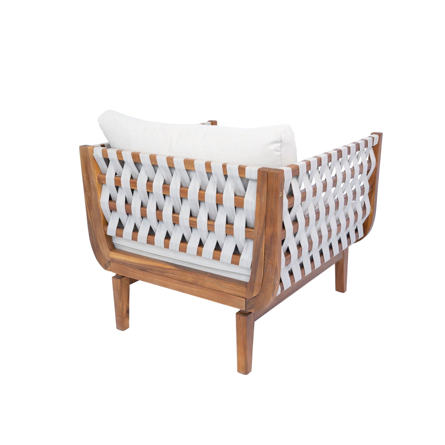 Merax 5 Piece Rope Woven Paito Conversation Set, Outdoor All-Weather Acacia Wood 3-Seater Sofa, 2 Armchairs with Cushions,1 Ottoman, 1 Coffee Table for Porch, Lawn, Backyard, Balcon, Teak+ Beige