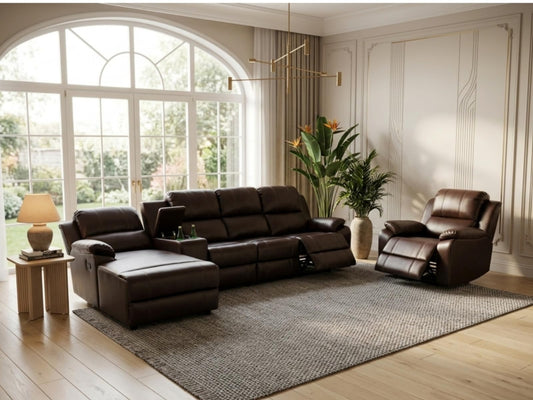 Trygoal Manual Recliner Sofa Set, Breathable Leather 4-Piece Reclining Couch Set, Living Room Furniture Set with Manual Recliners, Loveseat with Console, Cup Holders & Storage for Home Theater, Brown