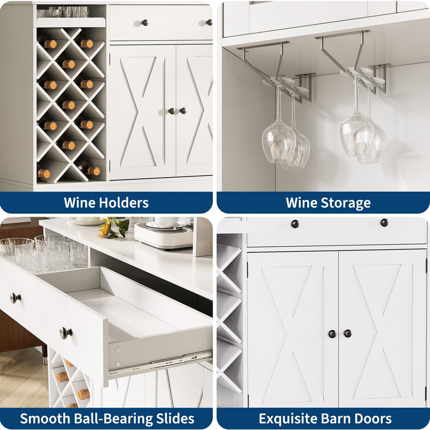 GarveeLife Tall Coffee Bar Cabinet with Wine Rack – Modern Sideboard Buffet, Barn Doors, Storage Hutch, Power Outlets, Glass Holder – for Dining Room, Kitchen, or Living Room – White + Light Walnut