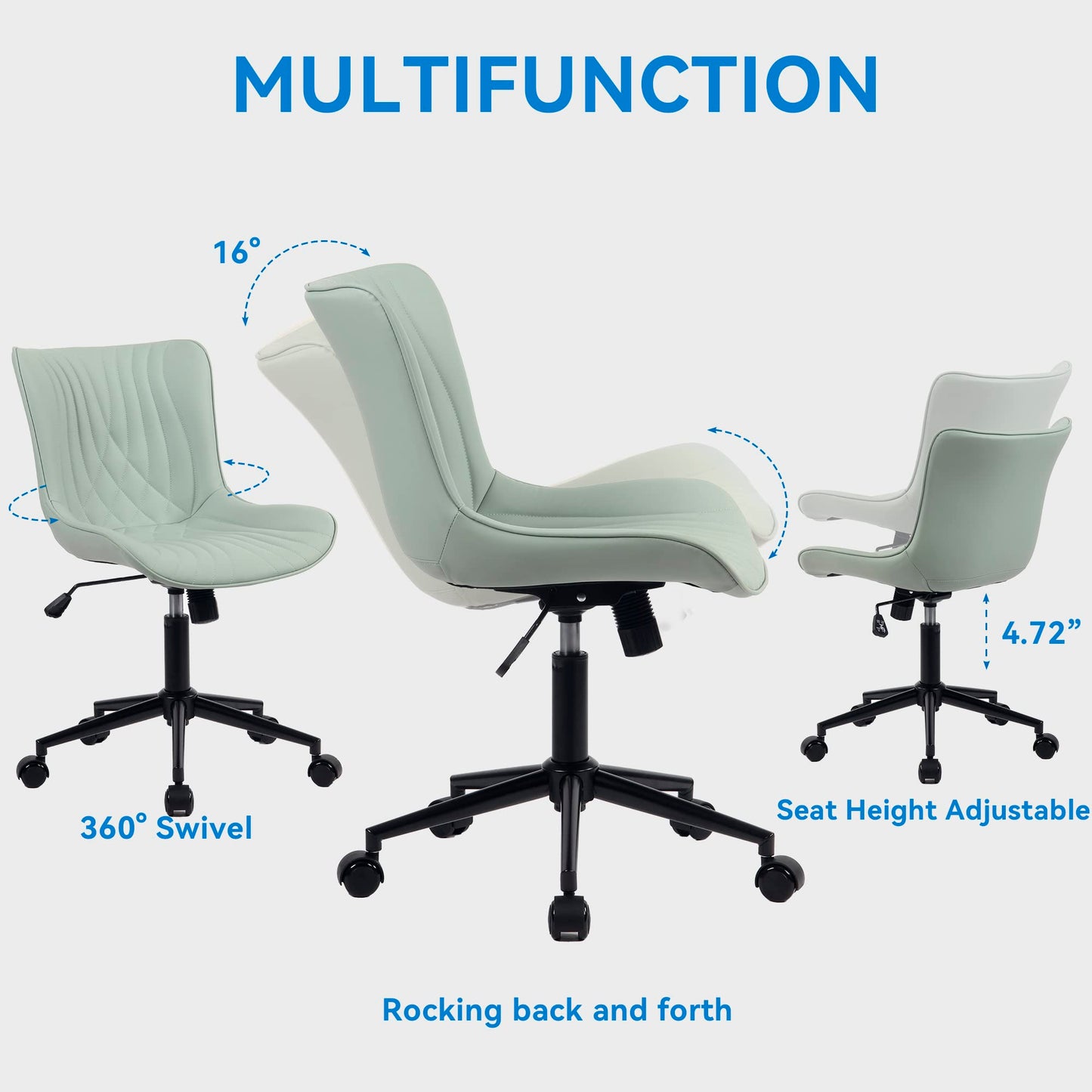 YOUNIKE Office Chair, Armless Desk Chair with Wheels, Home Office Computer Task Chairs, Modern Faux Leather Padded Vanity Chair, Adjustable Swivel Rolling Office Chair with Back, Mint Seafoam Green