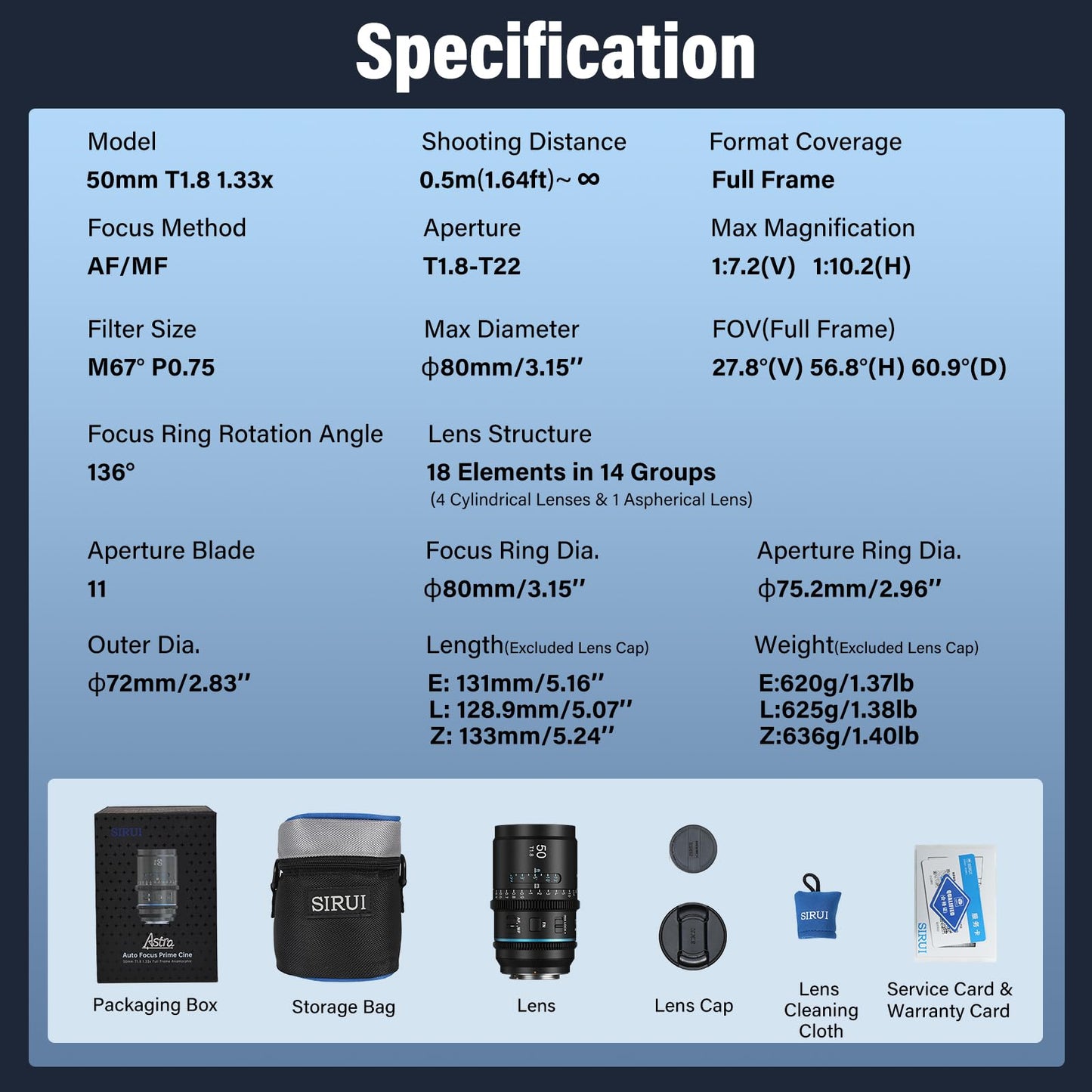 SIRUI Astra 50mm 1.33X Auto Focus Full Frame Anamorphic Cine Lens for L Mount Cameras, Lumix DC Series, FP/FPL, Leica SL Series (Blue Flare)