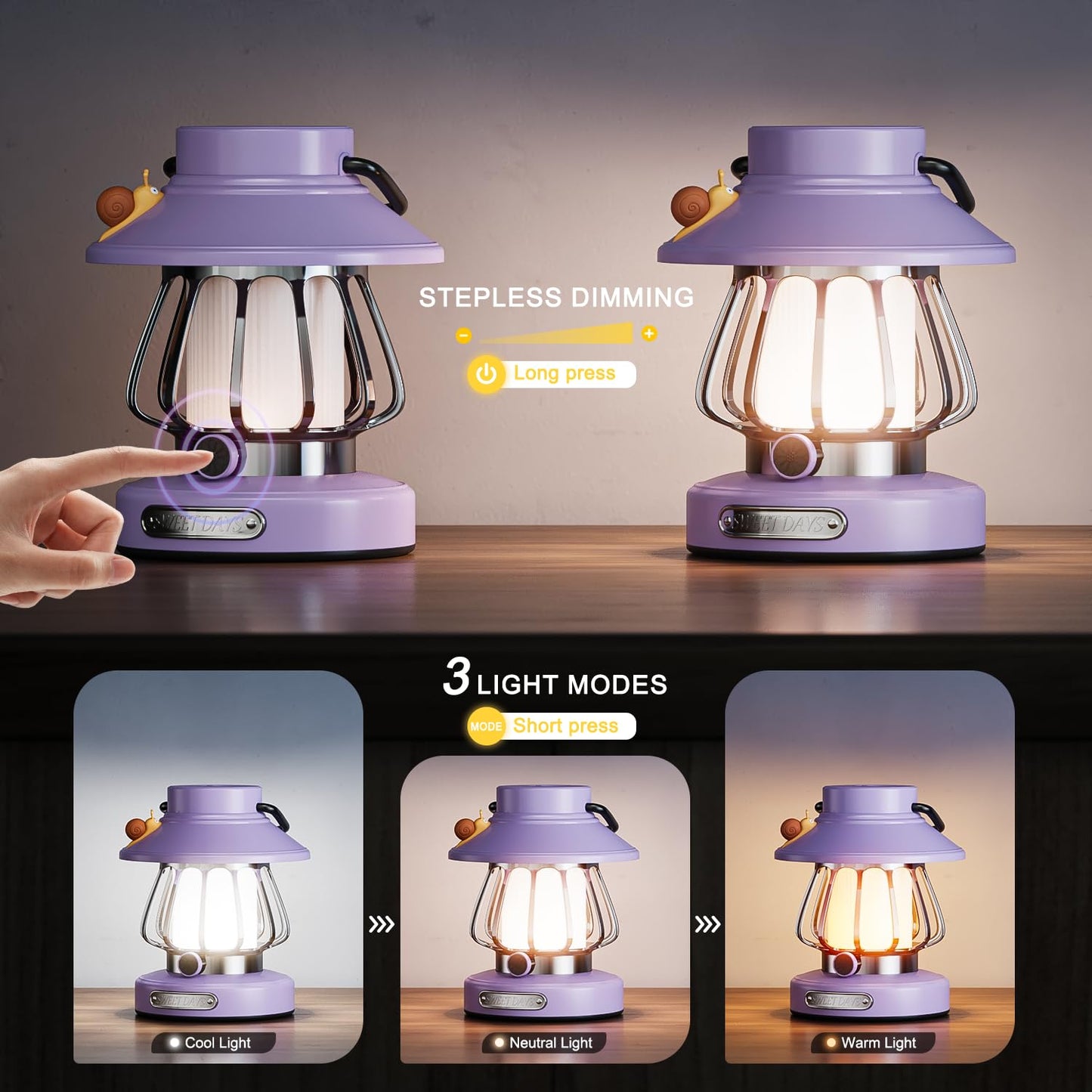 V.C.Formark Retro Snail Kids Lantern - USB Rechargeable LED Night Light, 3-Color Dimmable, Plastic, Purple, Model VC-CA-Purple