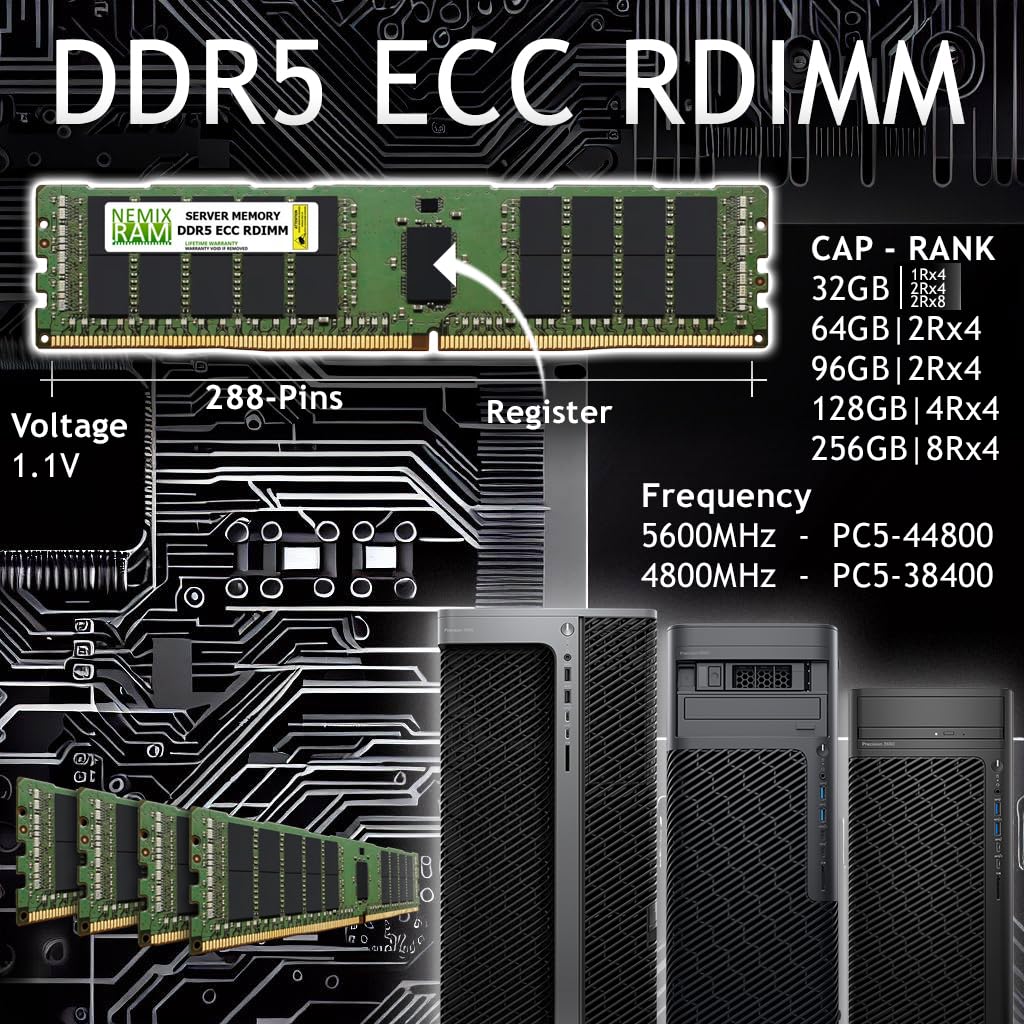 NEMIX RAM 256GB (8X32GB) DDR5 4800MHZ PC5-38400 2Rx8 1.1V CL40 288-PIN ECC RDIMM Registered Server Memory KIT Compatible with Dell Precision 5860 Tower Workstation