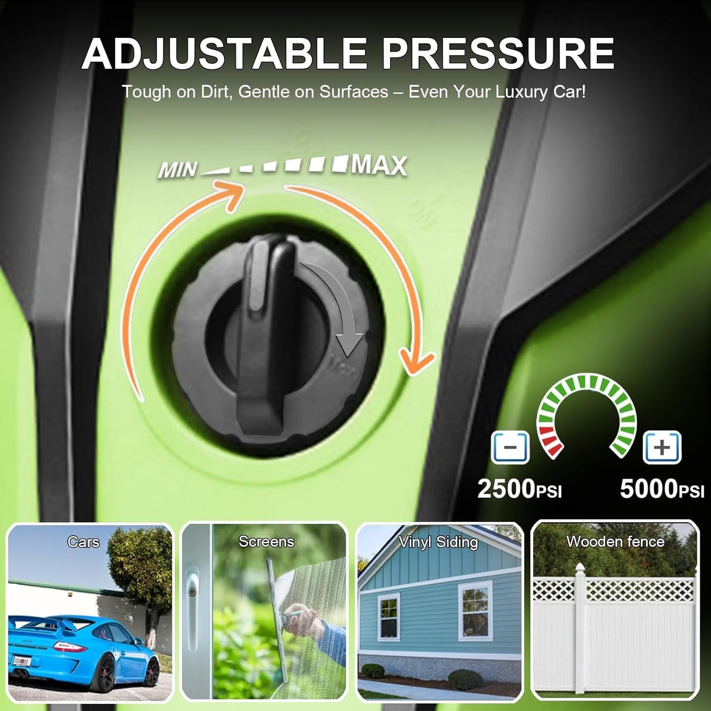 Commowner Pressure Washer 5000 PSI Adjustable Pressure, Power Cleaners Powered with 33ft Pressure Hose, 4 Nozzles and 500ml Foam Cannon, Cleaner Machine for Home, Car, Green