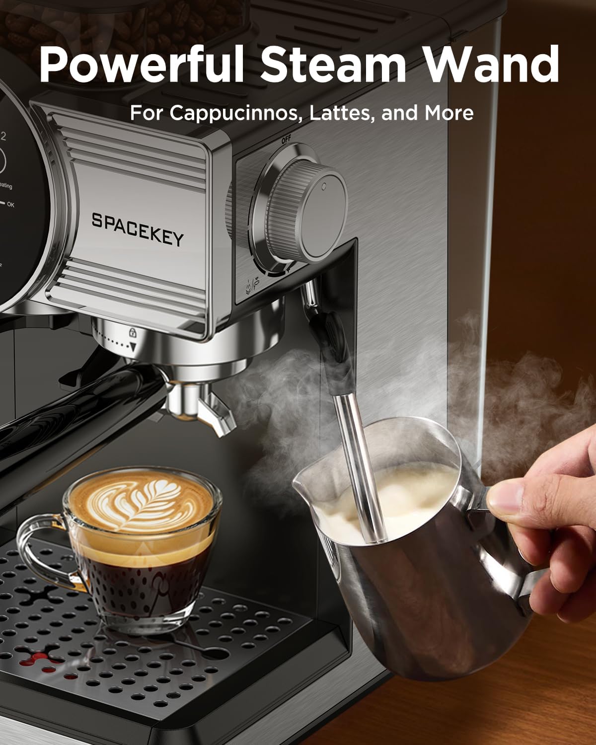 Spacekey Espresso Coffee Machine with Grinder, Milk Frother, Cold Brew, 20 Bar