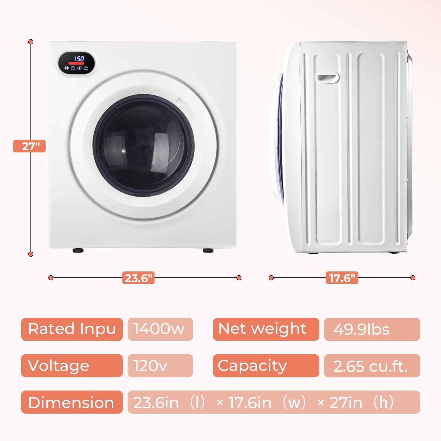 Euhomy 2.65 Cu.Ft Portable Dryer with Exhaust Hose, Clothes Dryer with Four Functions, 1400w Dryer Machine with Stainless Steel Drum, Suitable for Apartments, RVs, Gym