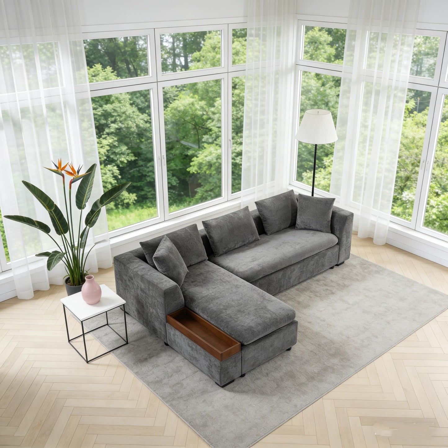 Trygoal 93.7" L-Shaped Sectional Sofa with Storage Chaise, Modern Couch for Living Room, Chenille Upholstered Couch with Deep Seats & Throw Pillows, Modern Corner Sofa for Living Room, Brown