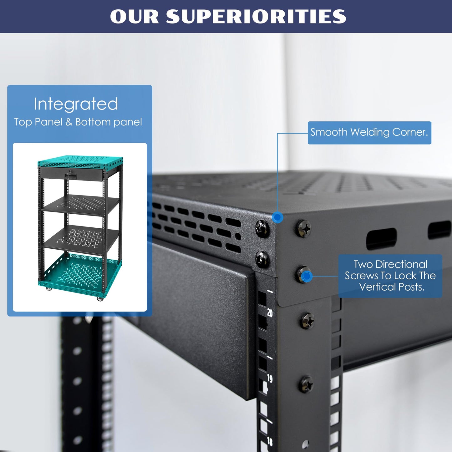OCEANHUG 16U Server Rack Cabinet with Drawer & Full Size Rack Shelf - Integrated Top/Bottom Panels, 4 Rolling Wheels for 19" Equipment & Home Lab Studio
