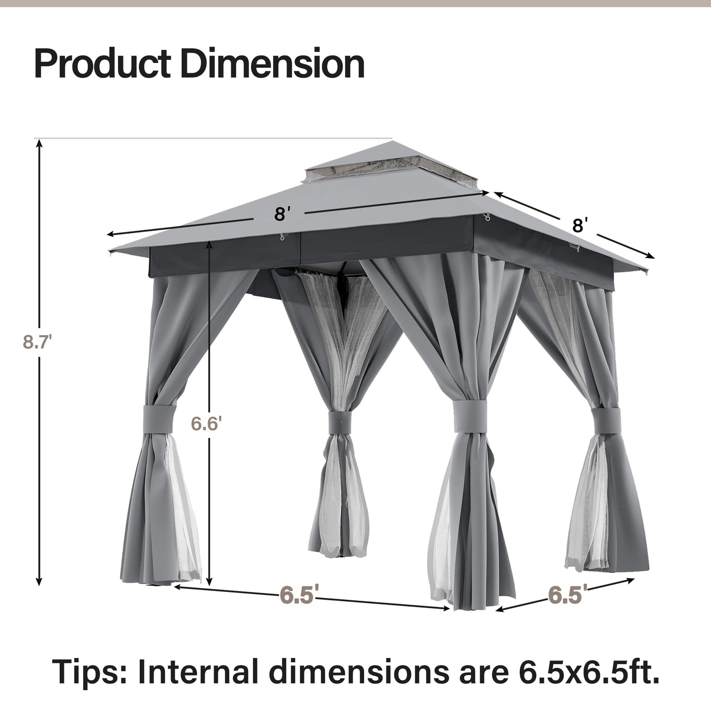 LAUSAINT HOME Patio Gazebo 8'x8', Outdoor Heavy Duty Party Tent Shelter with Double Roofs, Mosquito Nettings and Privacy Screens for Backyard, Garden, Lawn, Gray