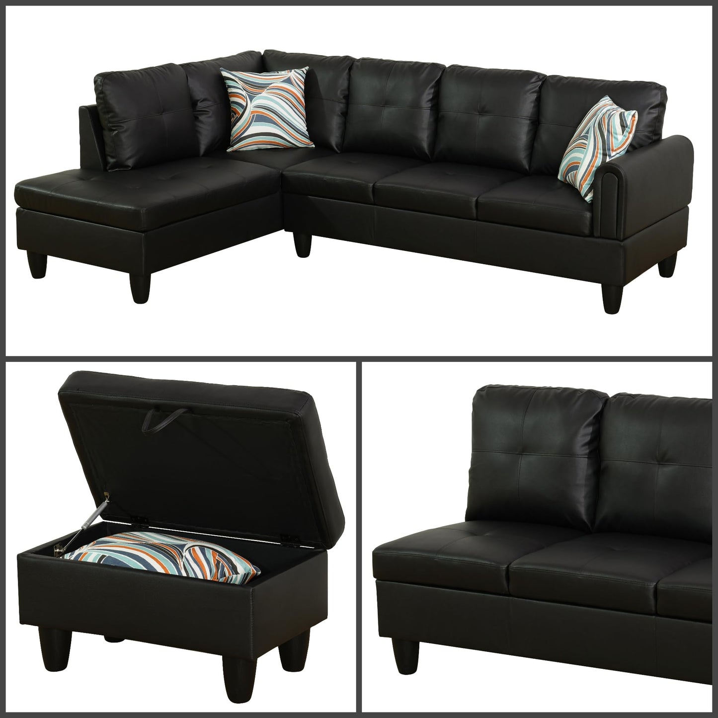Trygoal L-Shaped Sectional Sofa with Movable Chaise & Storage Ottoman, Leather 3-Piece Modular Convertible Couches for Living Room, Apartment & Office, Glossy Black