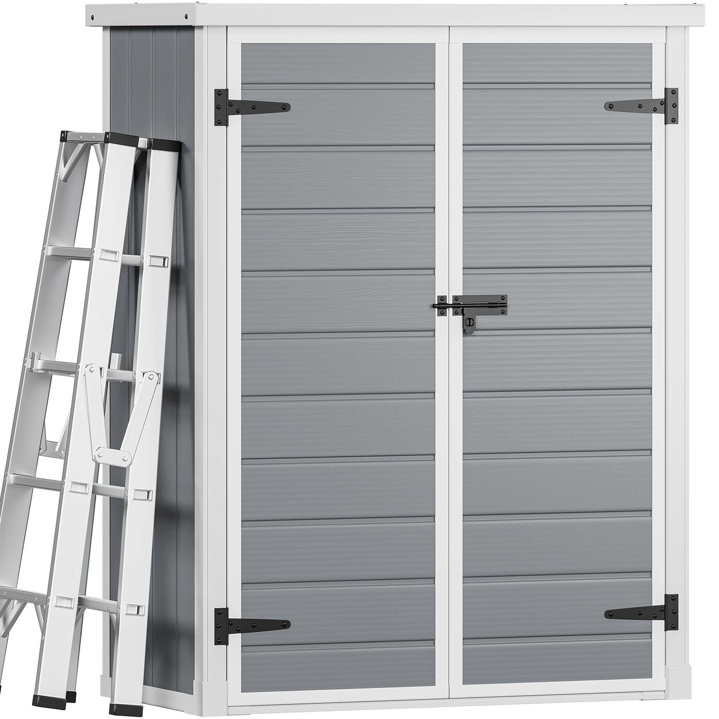 DWVO Outdoor Tall Storage Shed 50 Cuft with 2 Shelves, 4.3x2x5.5ft Vertical Tool Shed with Floor & Lockable Doors, Sturdy Double-Wall Plastic Cabinet for Garbage Cans and Garden Equipment