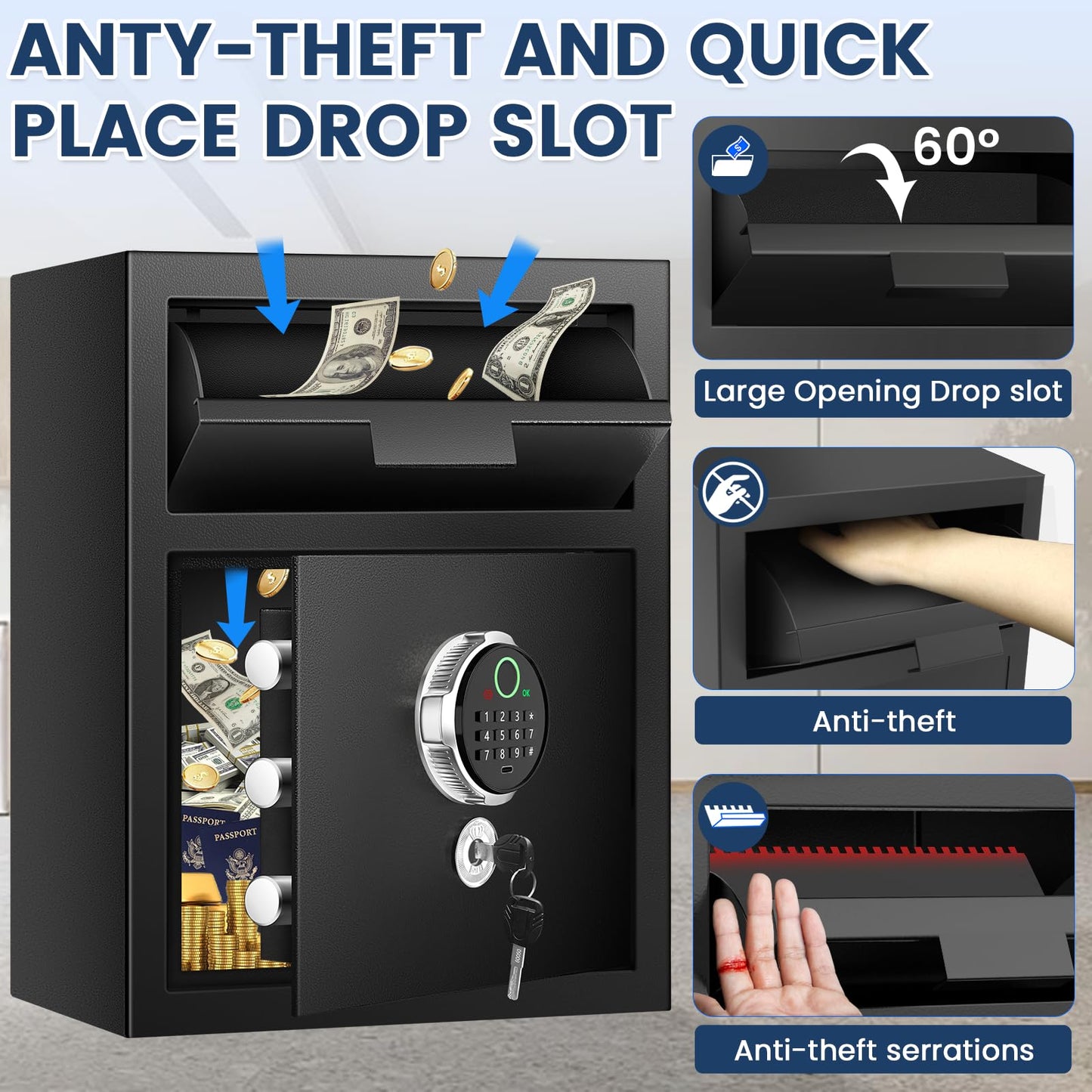 2.6 Cuft Biometric Drop Safe for Business, Anti-Theft Fingerprint Safe Box with Quick Place Drop Slot, Digital Keypad and Spare Key, Depository Safe for Home Office Retail Store Business Mail Church