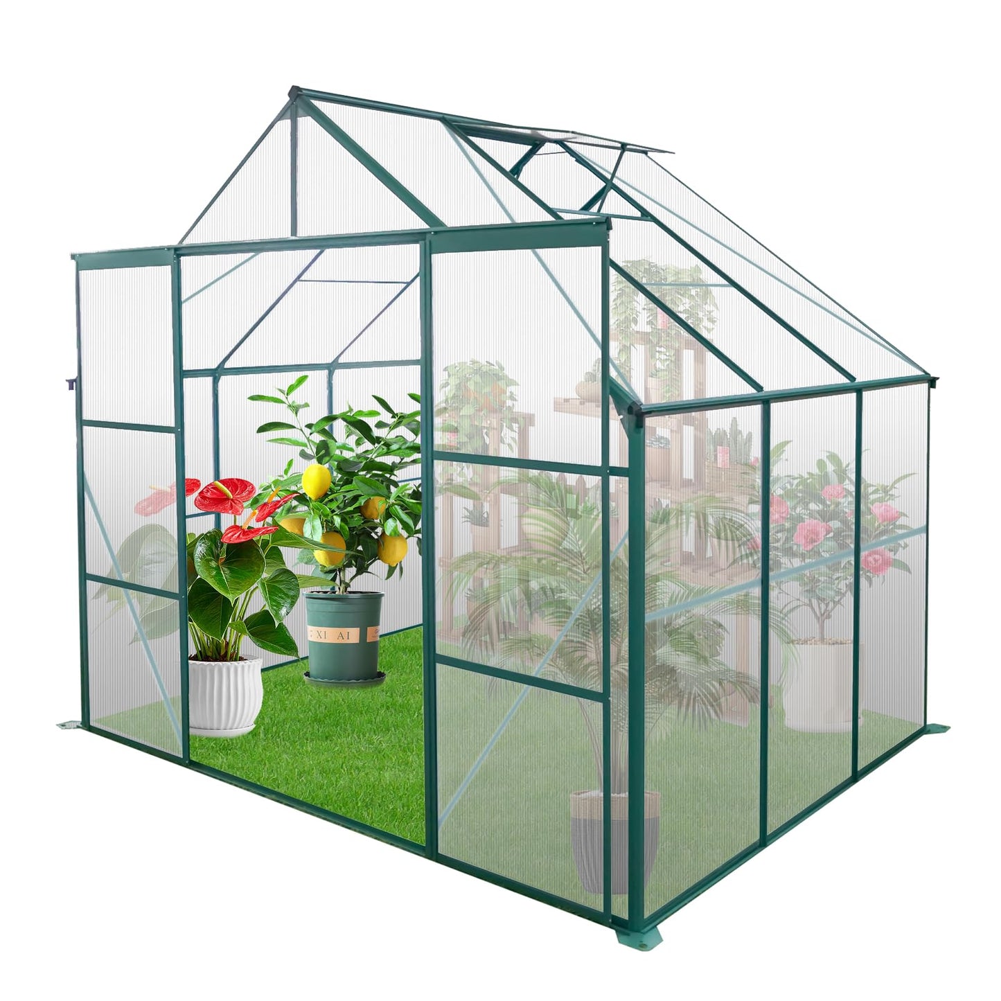 Ball & Cast 8X6 FT Greenhouse for Outdoors,Double Sliding Door Polycarbonate Raised Plant Base with Drainage System,Backyard Aluminum Heavy Duty Walk-in Green Houses w/ Adjustable Roof,Green
