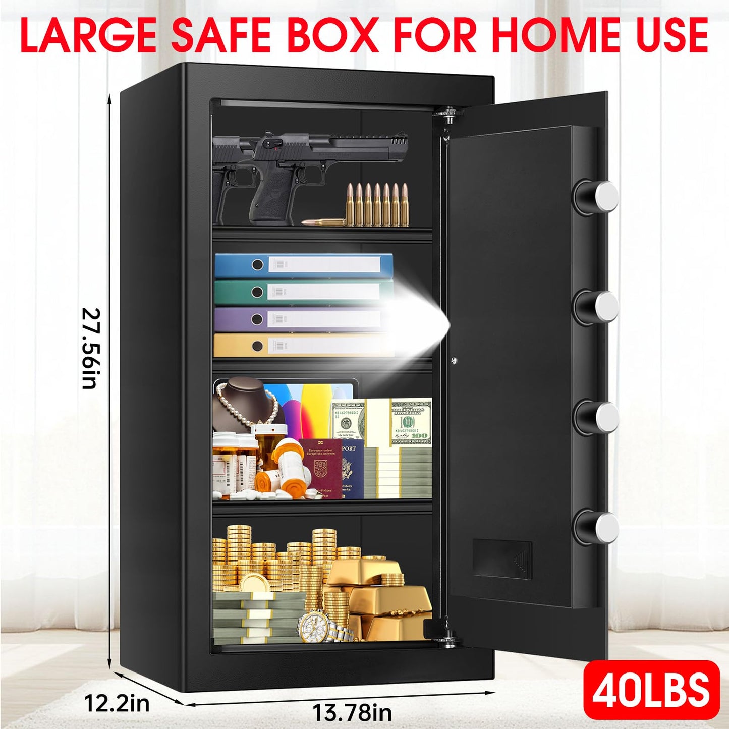 6.0 Cub Large Home Safes Fire and Waterproof, Anti-theft Fire Proof Safe Box with Digital Keypad, Key Lock and 3 Removable Shelves, Security Safes Fireproof Waterproof for Home Document Valuables