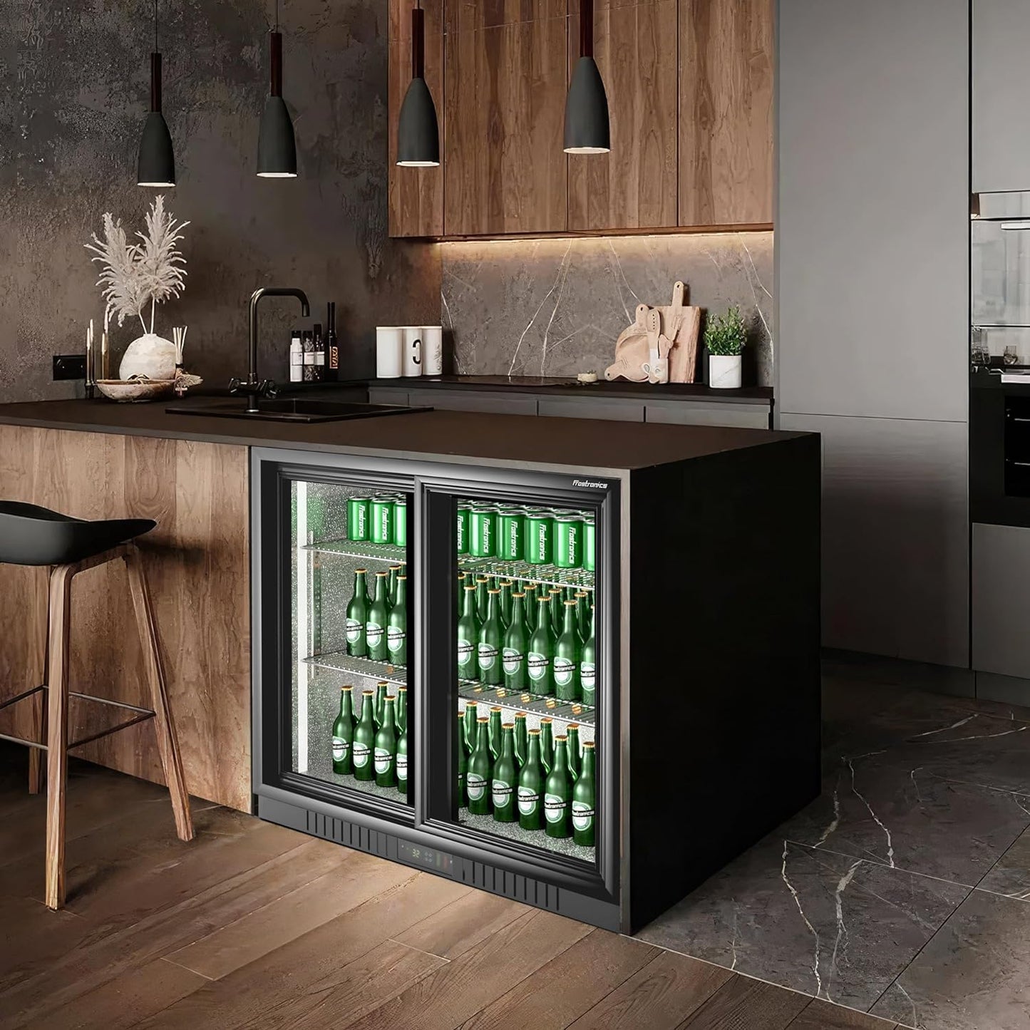 Frostronics 36 Inch 228 Cans Double Door Back Bar Beverage Cooler, 6.5 cu. ft. Under Counter Glass Bar Fridge With Sliding Door, Lockable, 32-50F Display Refrigerator, ETL & NSF7 Certified