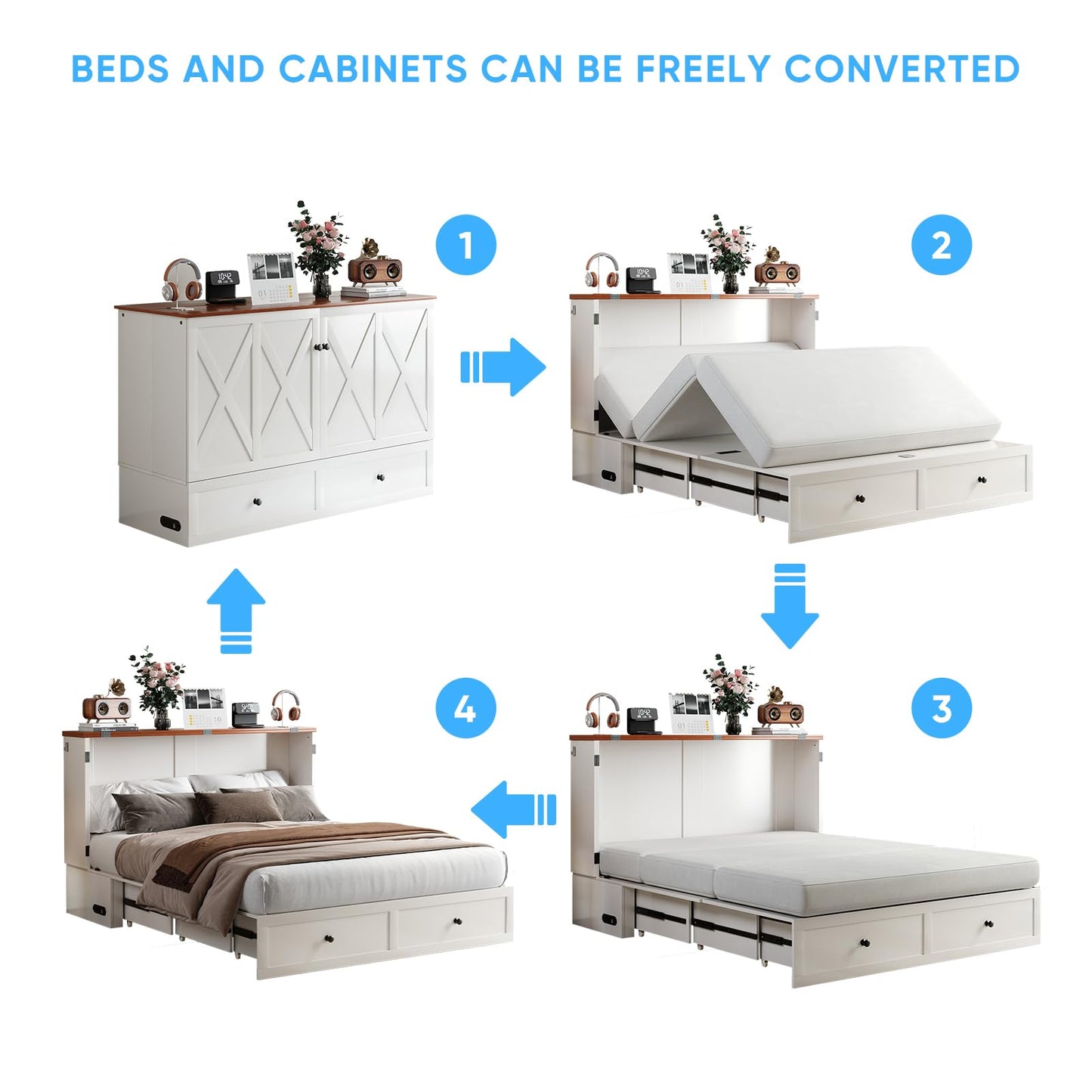 Mjkone Queen Murphy Bed with Tri-Fold Mattress, USB Charging Station & 2 Storage Drawers, Hidden Folding Chest Cabinet Bed, Space Saving Wall Beds for Bedroom Guest Room Living Room-White