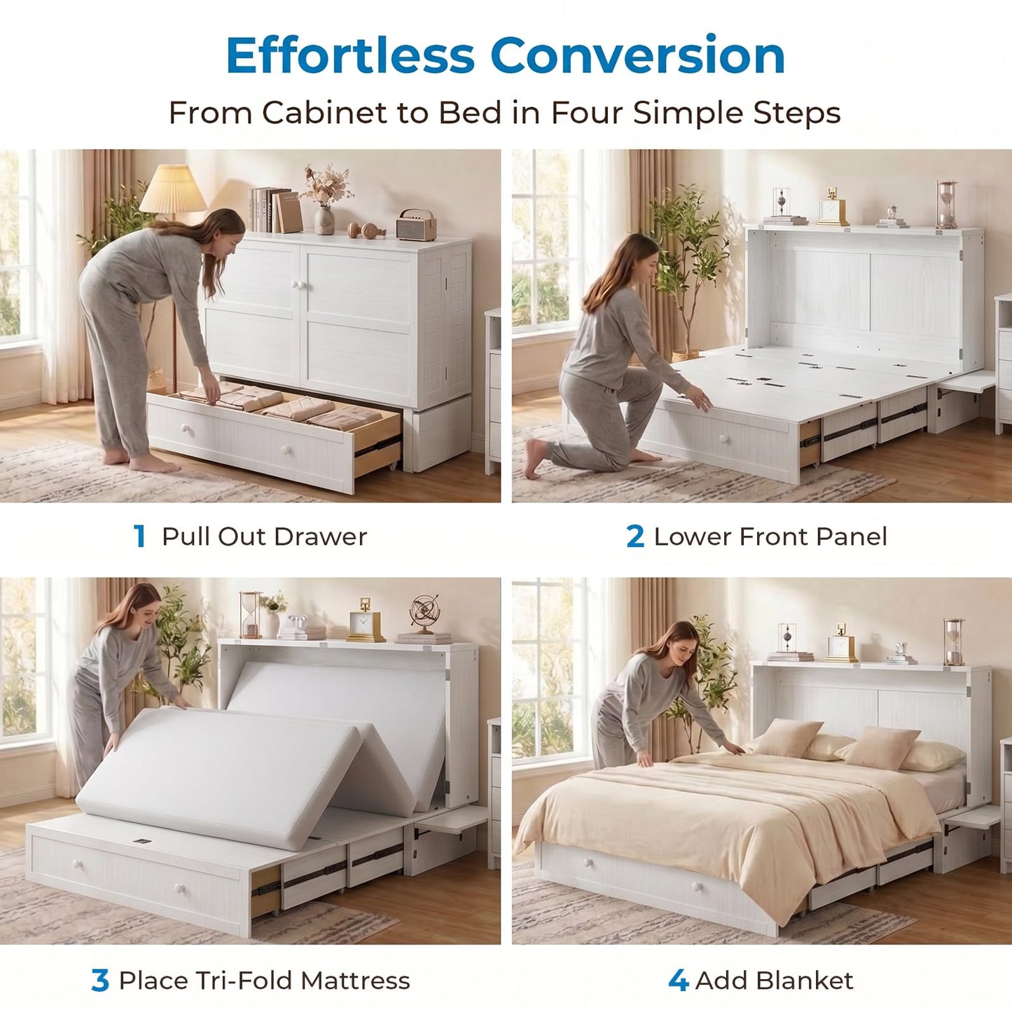 Mjkone Murphy Bed Cabinet Queen with Tri-Fold Mattress Included & USB Charging Station, Modern Versatile Solid Wood Chest Cabinet Wall Bed with Drawers, Adult Guest Beds for Apartment Bedroom - White