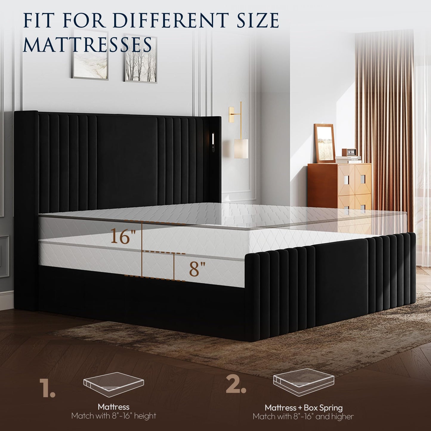 Uteeran King Size Bed Frame with 55.1" Tall Headboard, Velvet Upholstered Platform Bed with Channel Tufted Wingback, 2 Reading Lights/Storage Shelf/Charging Station/Easy Assembly/Noise-Free, Black