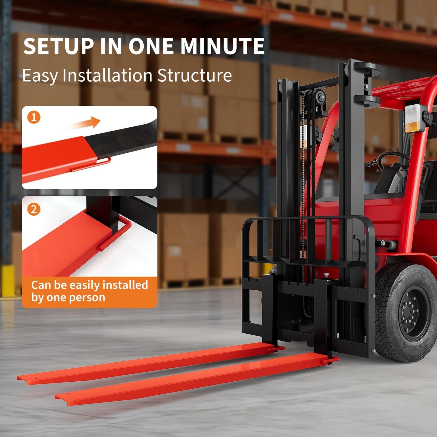 96" Forklift Extensions - Heavy Duty Pallet Fork Extensions for 4.5" Wide Forks, High Tensile Steel Fork Extender with Safety Strap for Warehouse, Construction, Farm