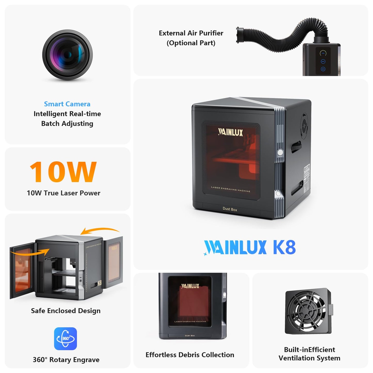 WAINLUX K8 Mini Laser Engraver, Laser Engraving Machine, 10000mW Fully Enclosed with Viewable Window, Laser Engraver and Cutter Machine for Wood Metal Leather, Grabadora Láser, Laser Class 1